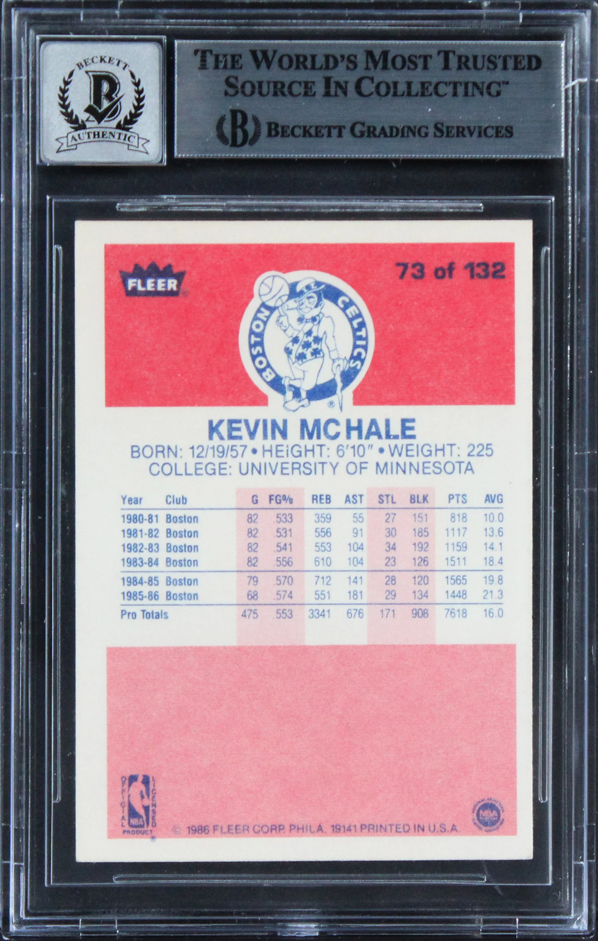 Celtics Kevin McHale Signed 1986 Fleer #73 Card Auto Graded Mint 10! BAS Slabbed - Image 3