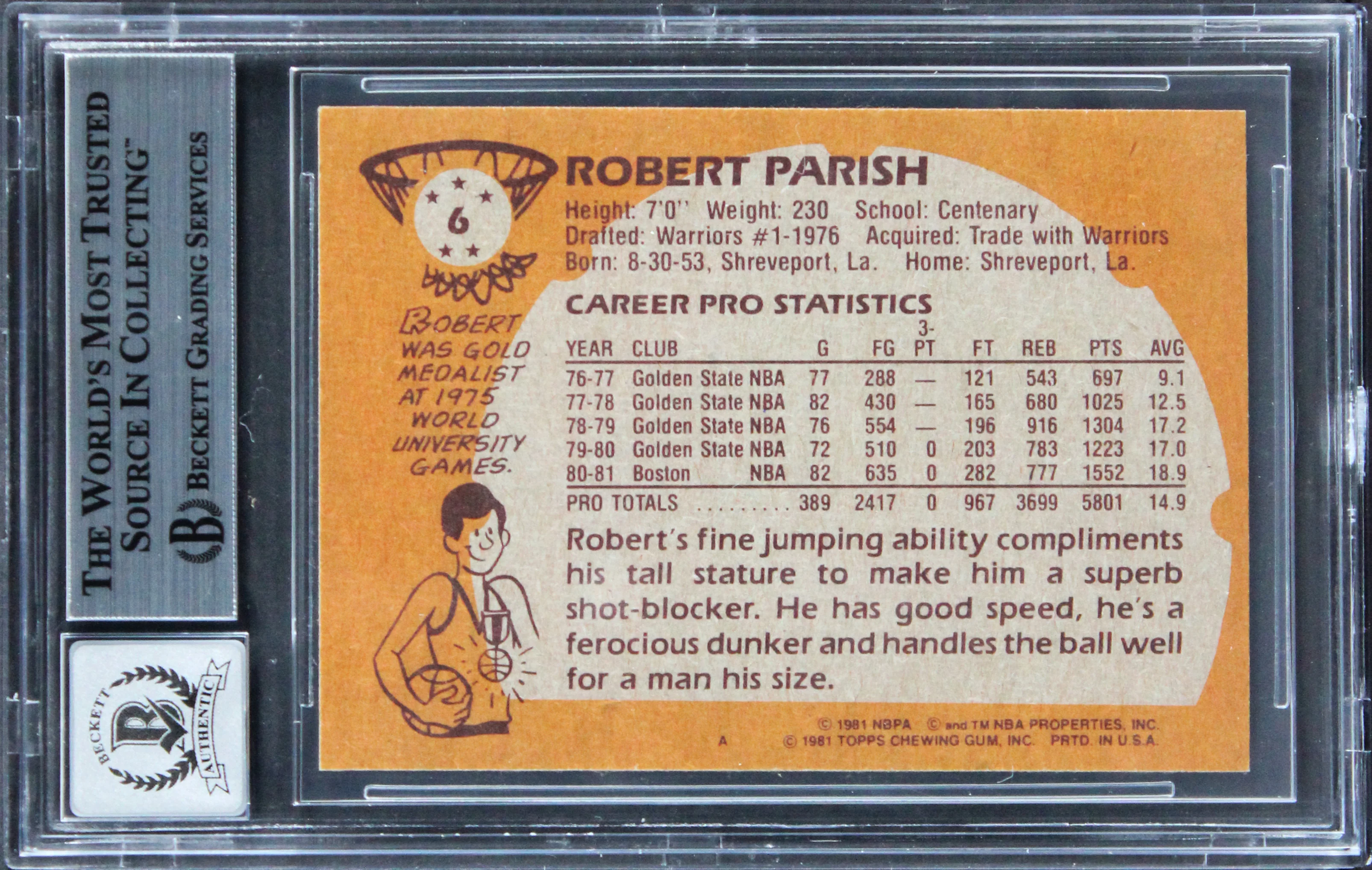 Celtics Robert Parish Signed 1981 Topps #6 Card Auto Graded Mint 10! BAS Slabbed - Image 3