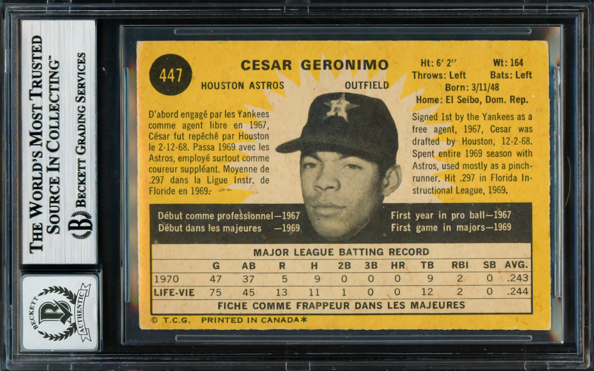 Cesar Geronimo Autographed 1971 O Pee Chee Rookie Card #447 Houston Astros Auto Grade Gem Mint 10 Beckett BAS #18629929 - Image 2