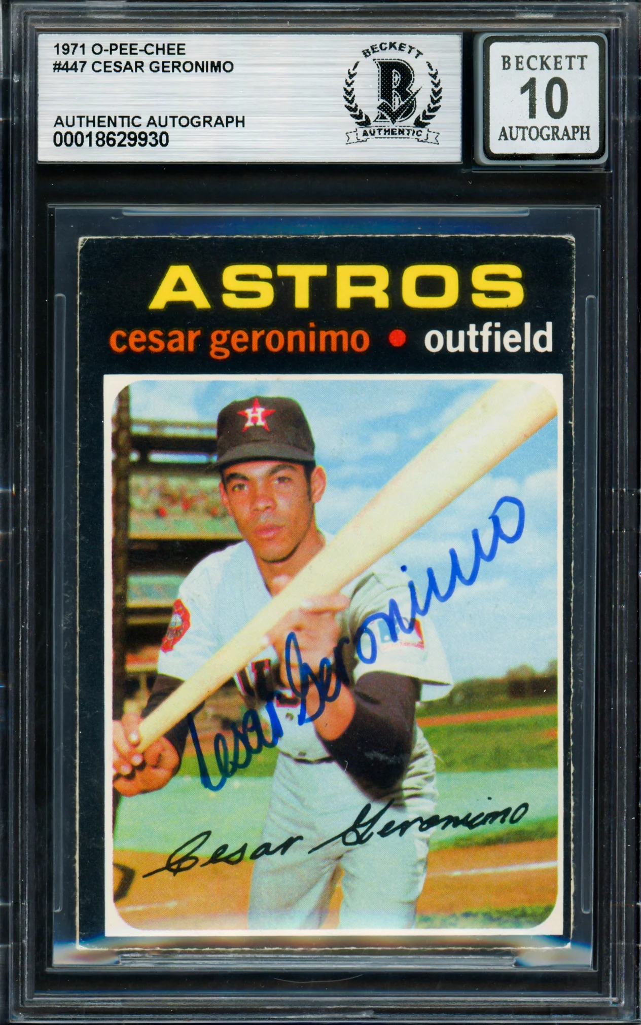 Cesar Geronimo Autographed 1971 O Pee Chee Rookie Card #447 Houston Astros Auto Grade Gem Mint 10 Beckett BAS #18629930