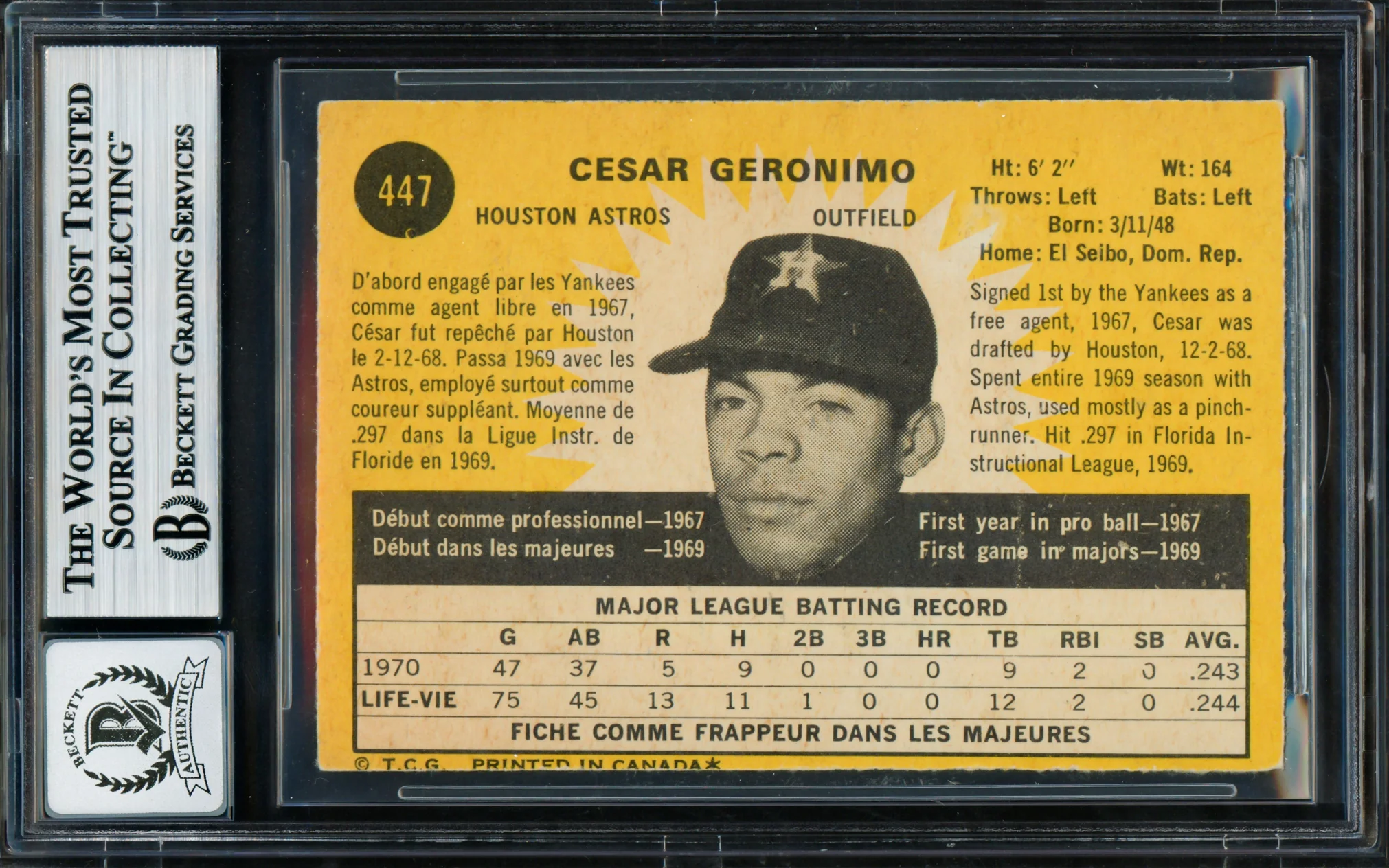 Cesar Geronimo Autographed 1971 O Pee Chee Rookie Card #447 Houston Astros Auto Grade Gem Mint 10 Beckett BAS #18629930 - Image 2