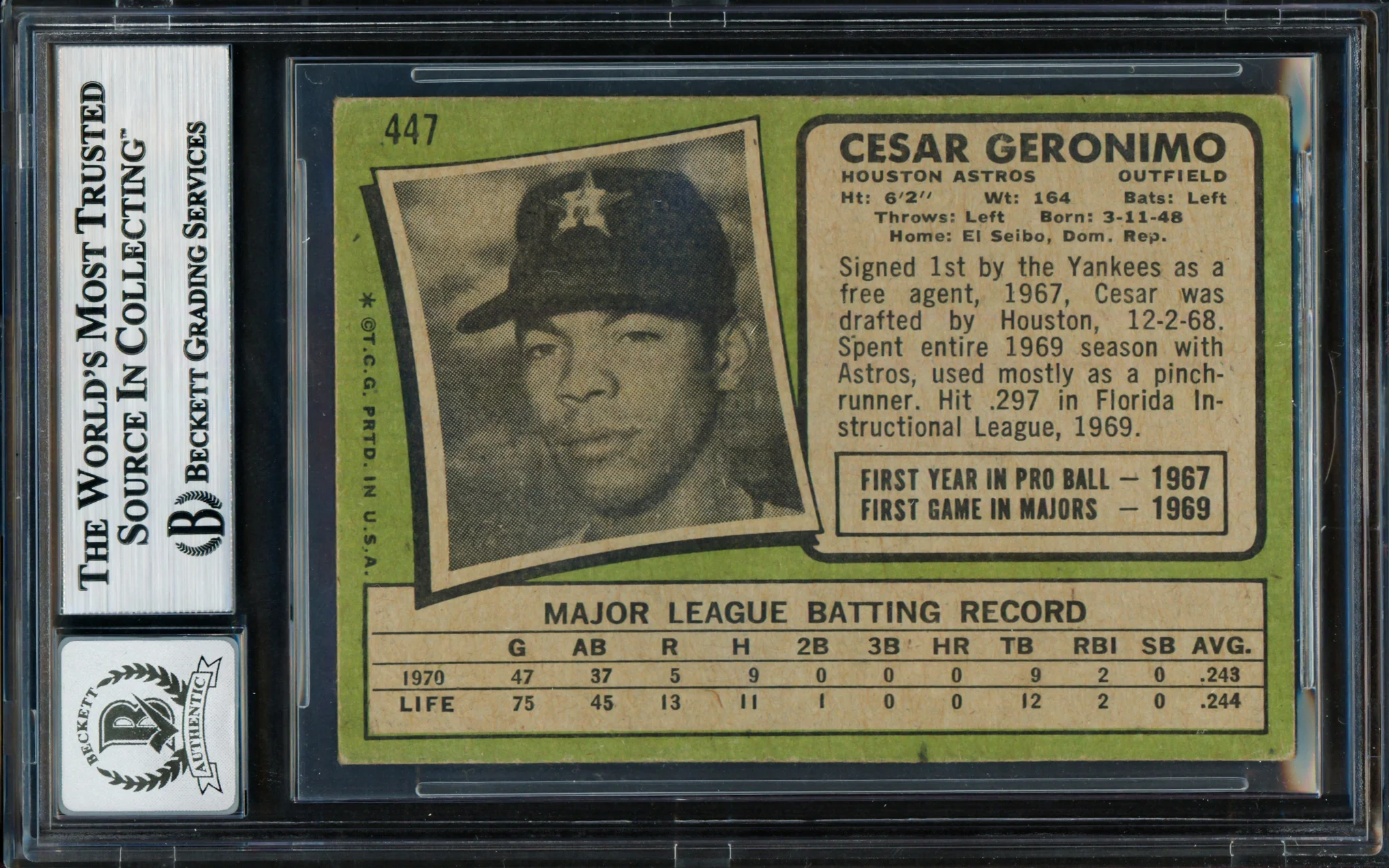 Cesar Geronimo Autographed 1971 Topps Rookie Card #447 Houston Astros Auto Grade Gem Mint 10 Beckett BAS #18629935 - Image 2
