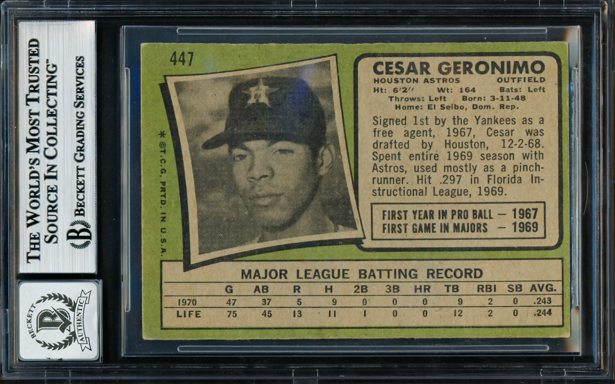 Cesar Geronimo Autographed 1971 Topps Rookie Card #447 Houston Astros Auto Grade Gem Mint 10 Beckett BAS #18629937 - Image 2