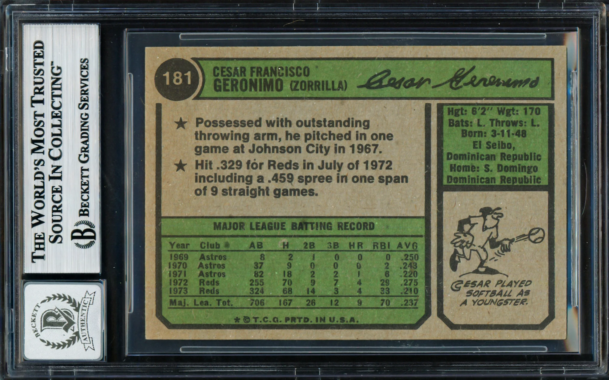 Cesar Geronimo Autographed 1974 Topps Card #181 Cincinnati Reds Auto Grade Gem Mint 10 Beckett BAS #18629898 - Image 2