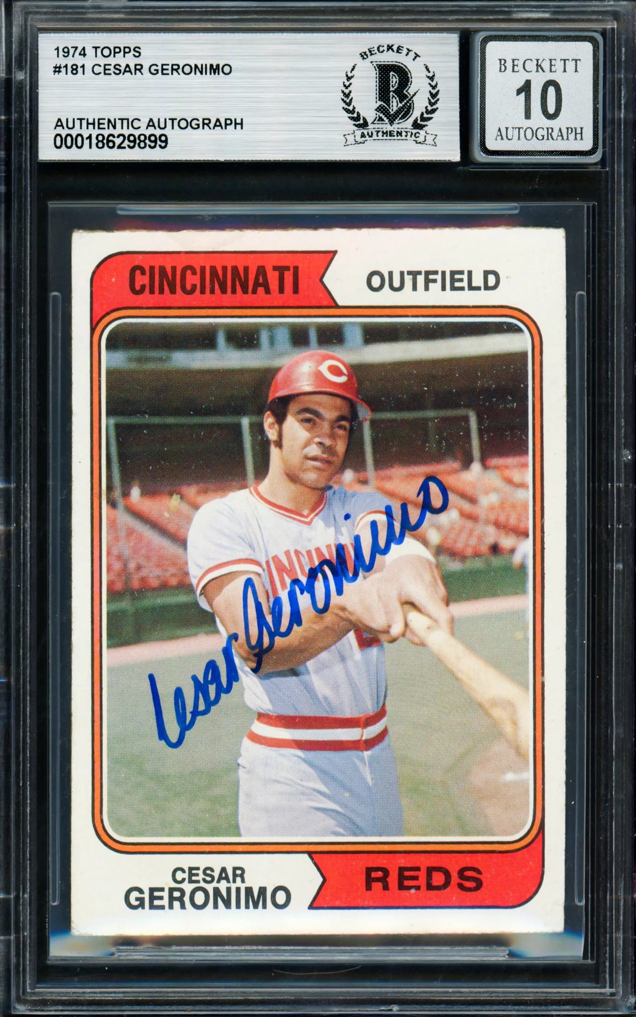 Cesar Geronimo Autographed 1974 Topps Card #181 Cincinnati Reds Auto Grade Gem Mint 10 Beckett BAS #18629899