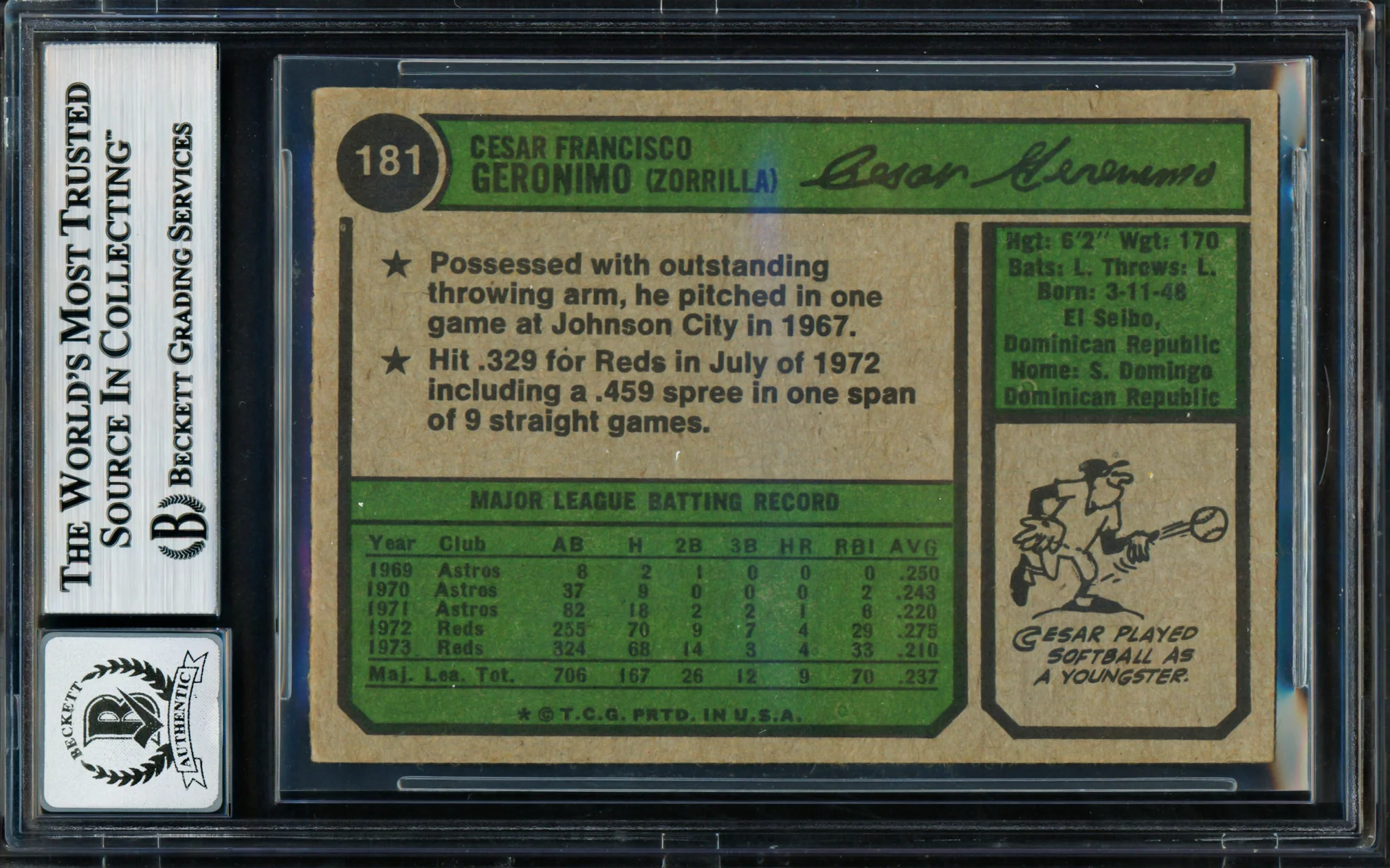 Cesar Geronimo Autographed 1974 Topps Card #181 Cincinnati Reds Auto Grade Gem Mint 10 Beckett BAS #18629899 - Image 2