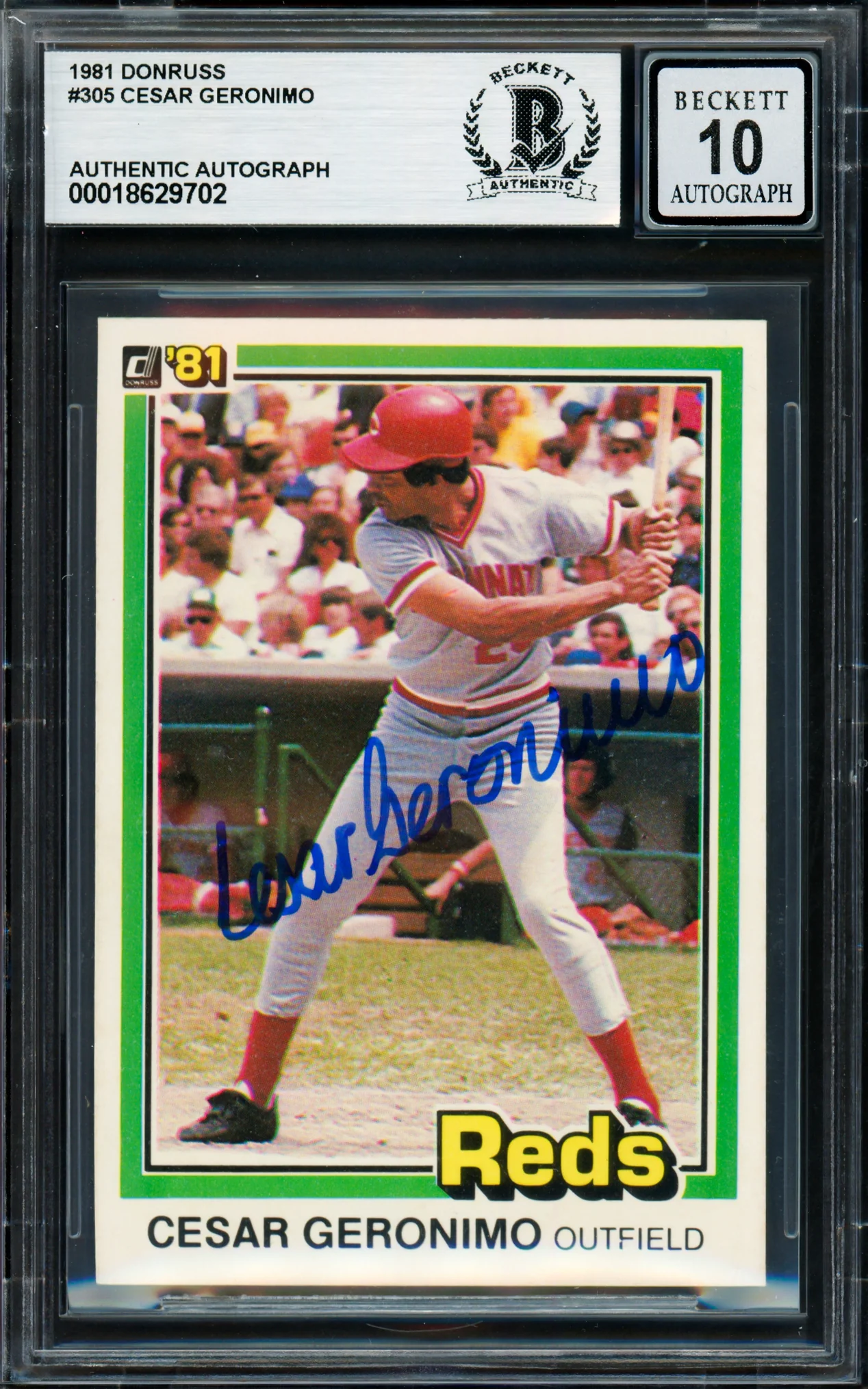 Cesar Geronimo Autographed 1981 Donruss Card #305 Cincinnati Reds Auto Grade Gem Mint 10 Beckett BAS #18629702