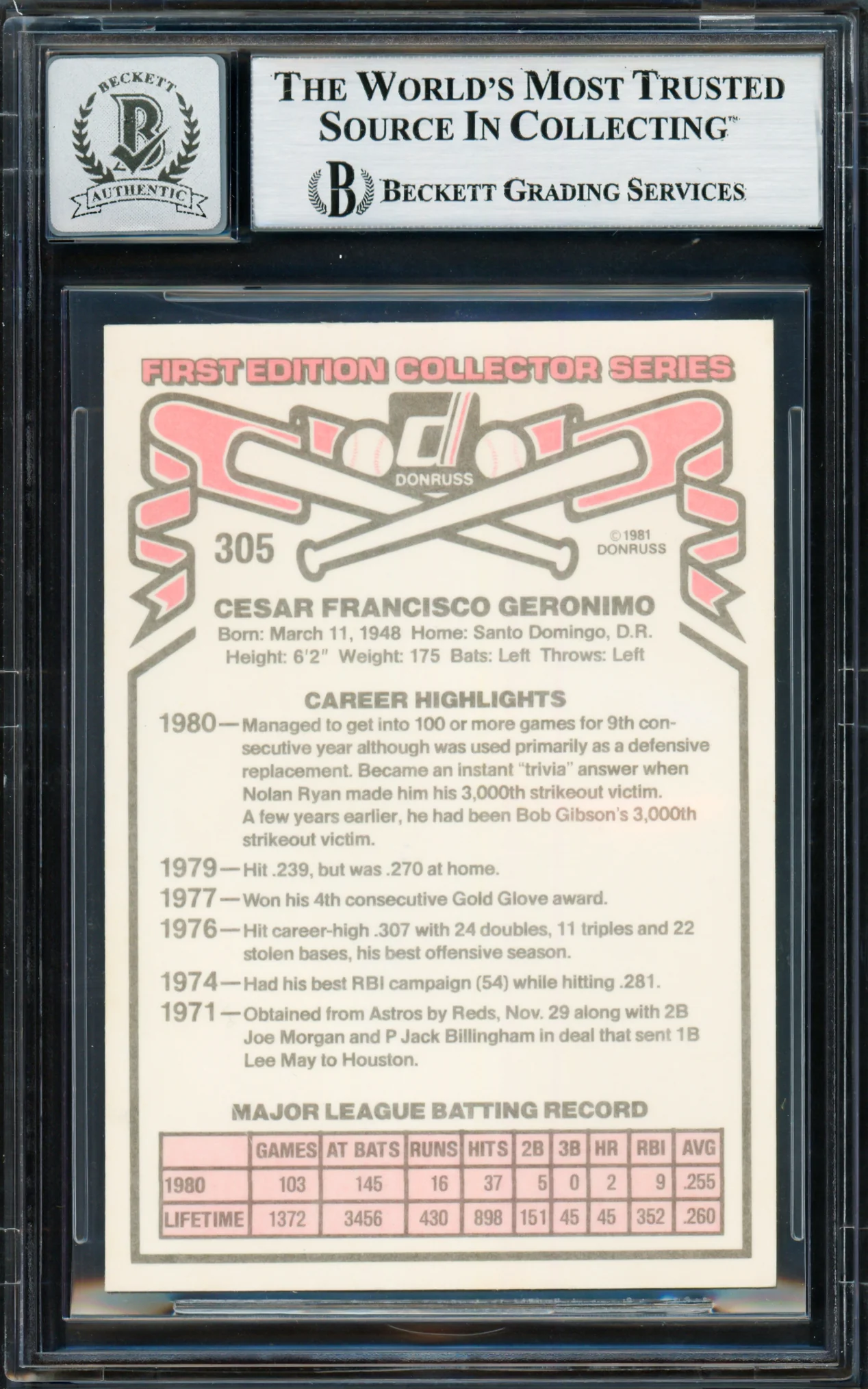 Cesar Geronimo Autographed 1981 Donruss Card #305 Cincinnati Reds Auto Grade Gem Mint 10 Beckett BAS #18629702 - Image 2