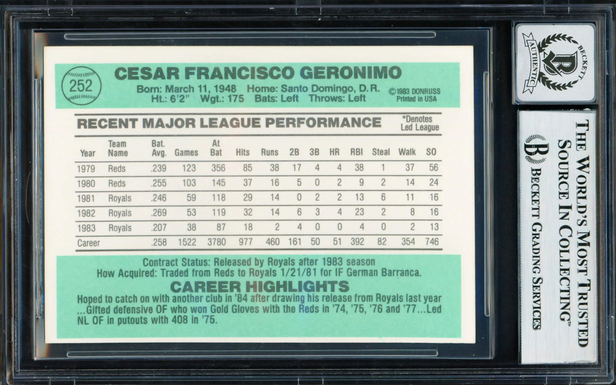Cesar Geronimo Autographed 1984 Donruss Card #252 Kansas City Royals Auto Grade Gem Mint 10 Beckett BAS #18629876 - Image 2