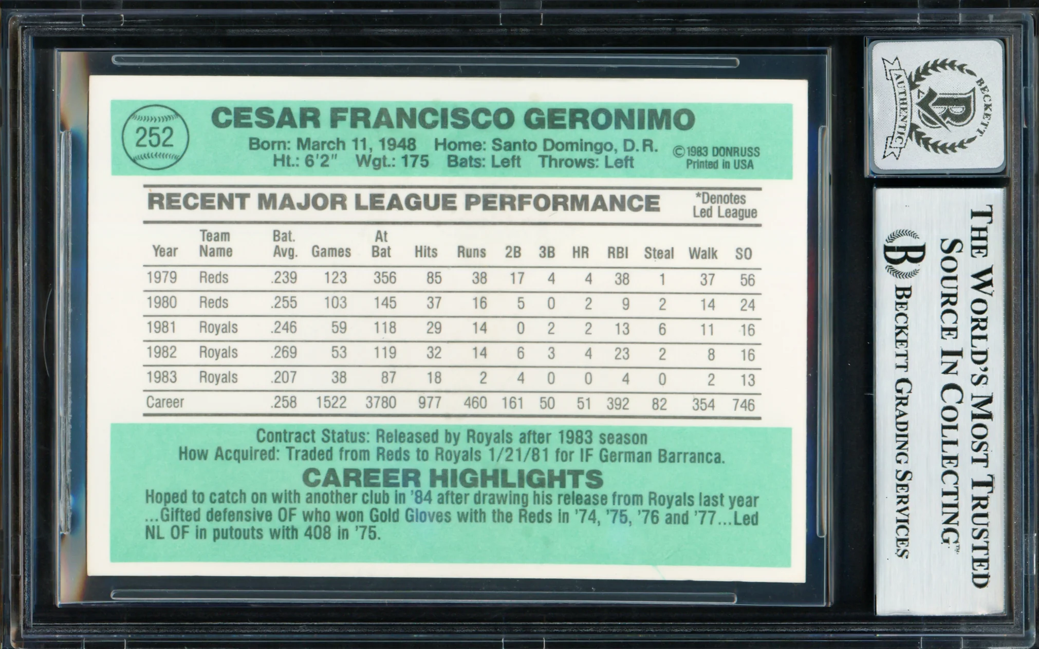 Cesar Geronimo Autographed 1984 Donruss Card #252 Kansas City Royals Auto Grade Gem Mint 10 Beckett BAS #18629879 - Image 2