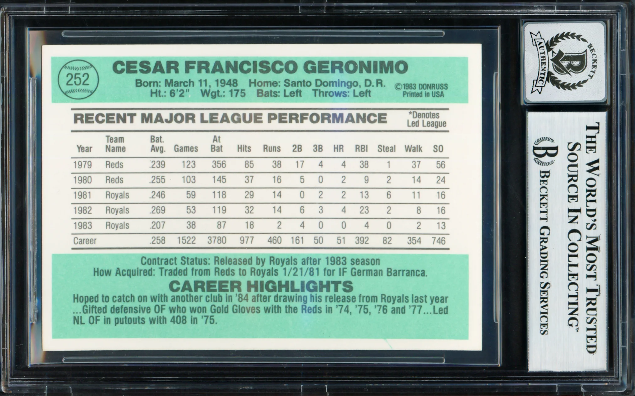 Cesar Geronimo Autographed 1984 Donruss Card #252 Kansas City Royals Auto Grade Gem Mint 10 Beckett BAS #18629881 - Image 2