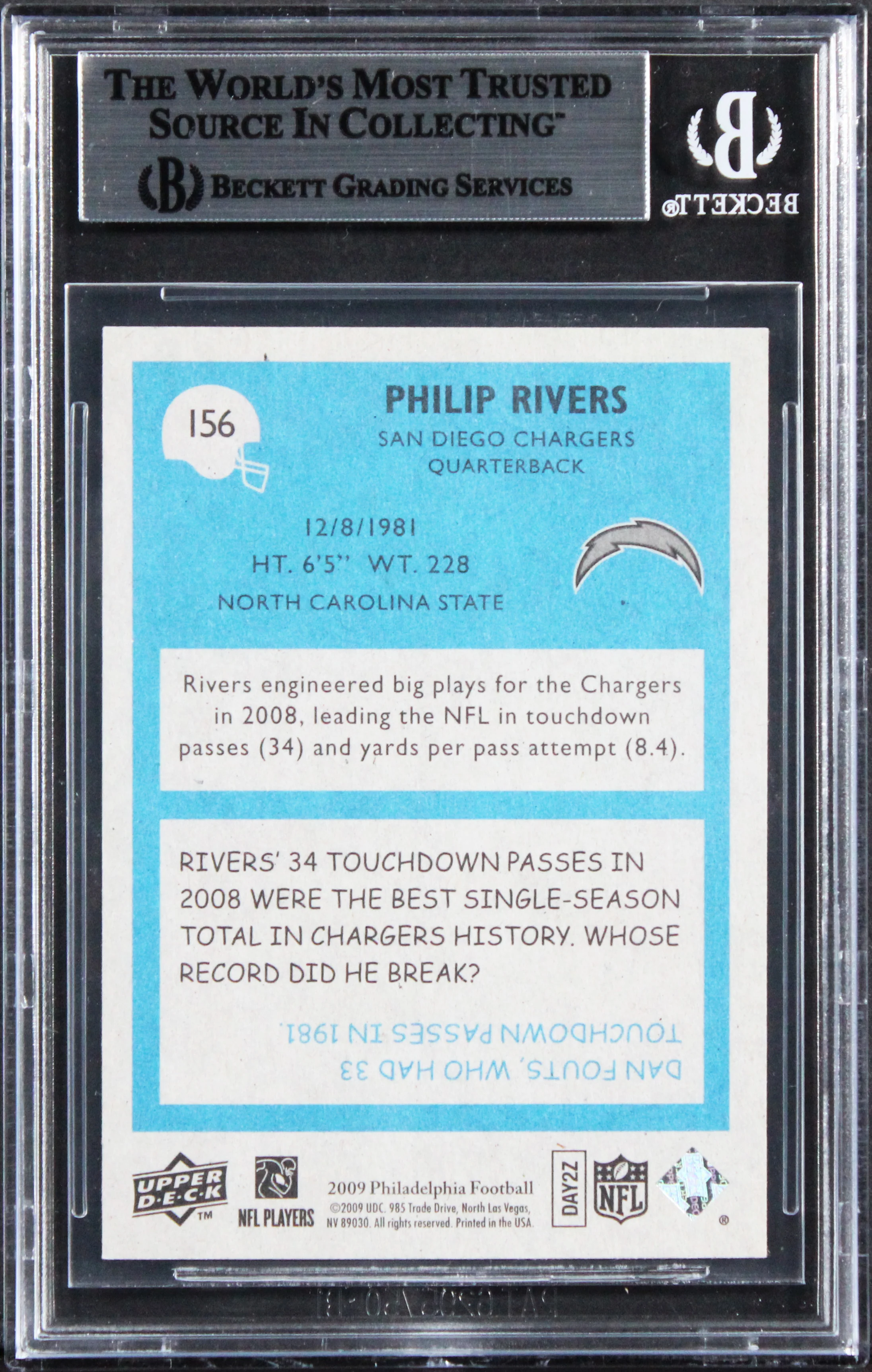 Chargers Philip Rivers Authentic Signed 2009 Philadelphia #156 Card BAS Slabbed - Image 3