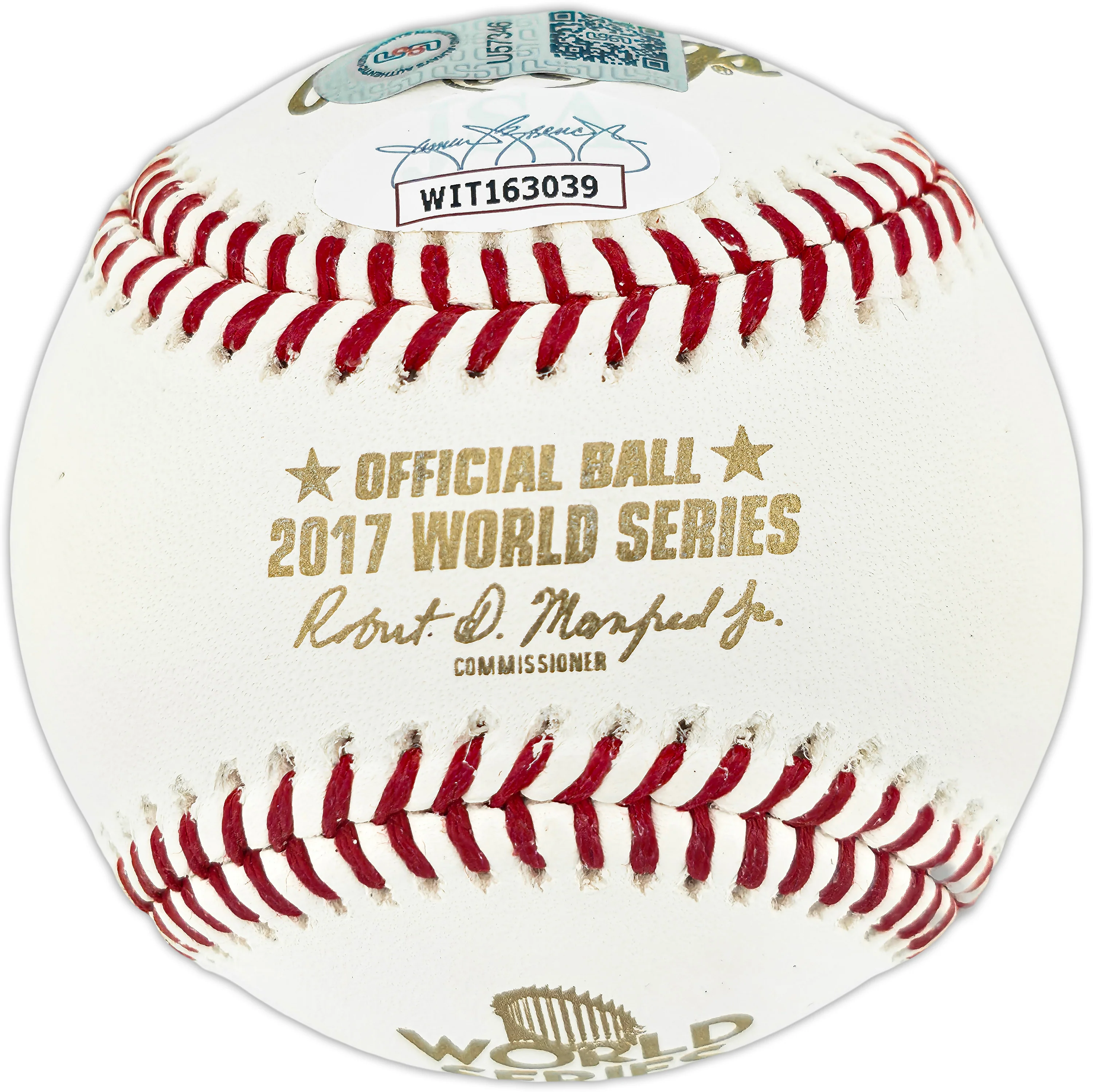 Charlie Morton Autographed Official 2017 World Series Logo Baseball Houston Astros "2017 WS GM 7 Winner 1-0 1.74 ERA" (Smudged) JSA #WIT163039 - Image 2