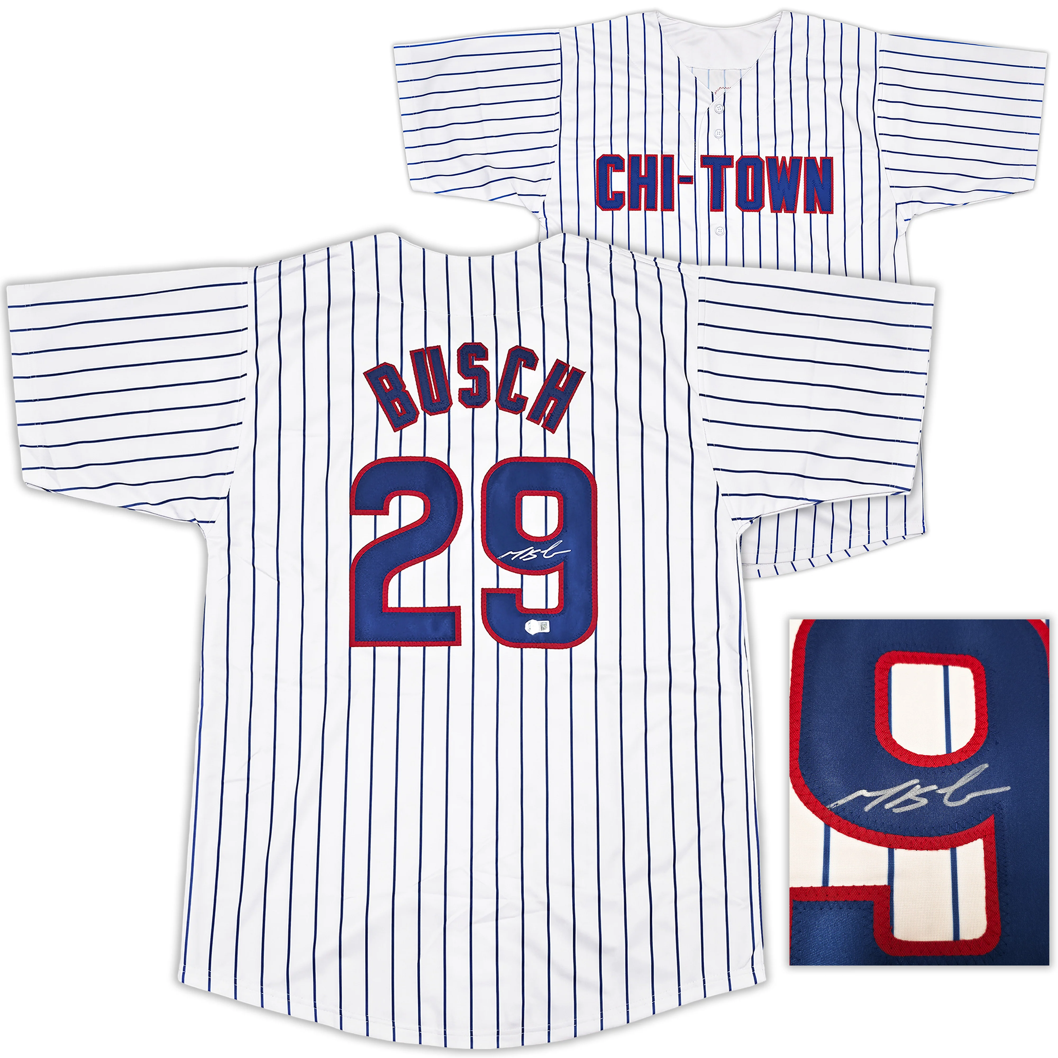 Chicago Cubs Michael Busch Autographed White Pinstripes Jersey Beckett BAS Witness Stock #256912