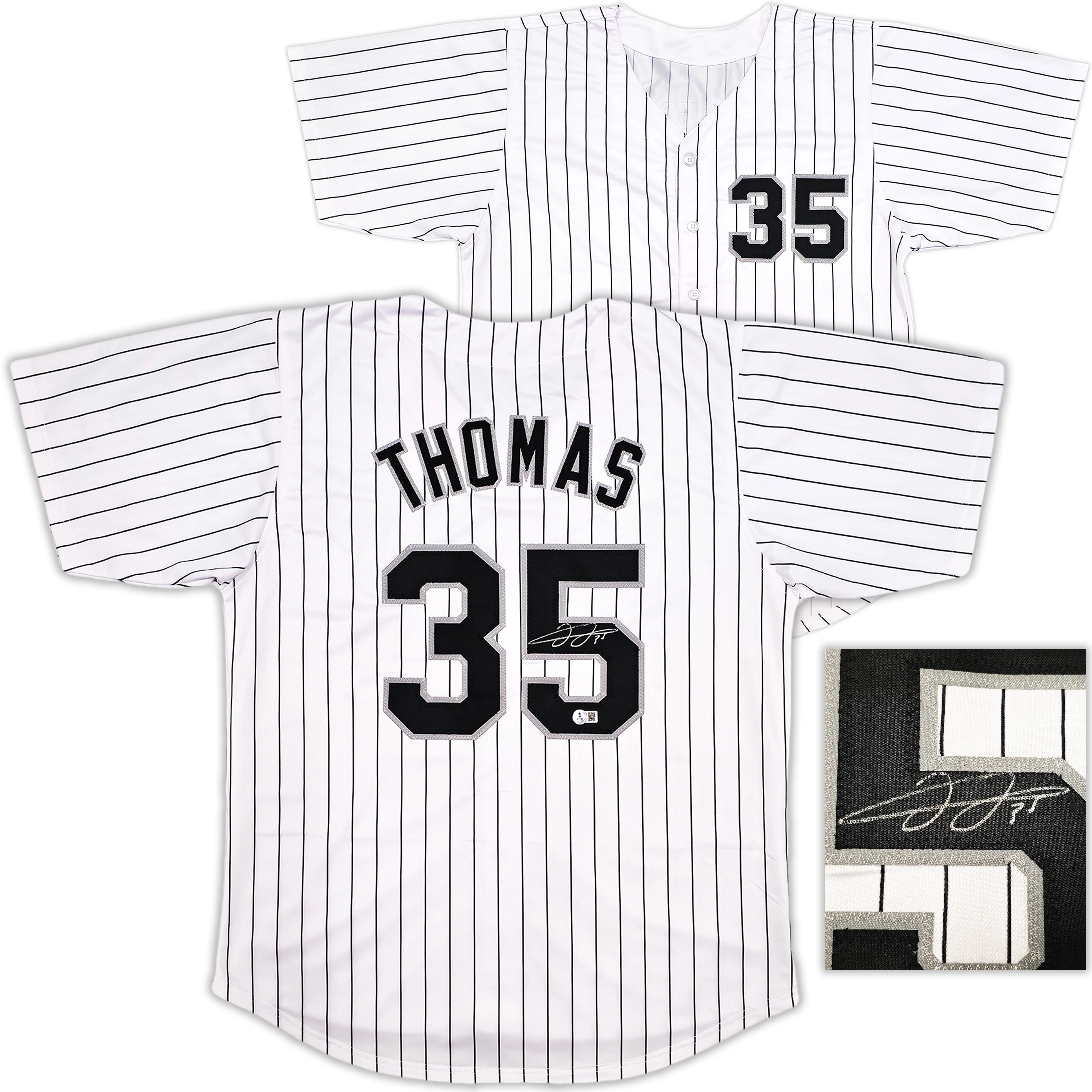 Chicago White Sox Frank Thomas Autographed White Pinstripe Jersey Beckett BAS Witness Stock #239749