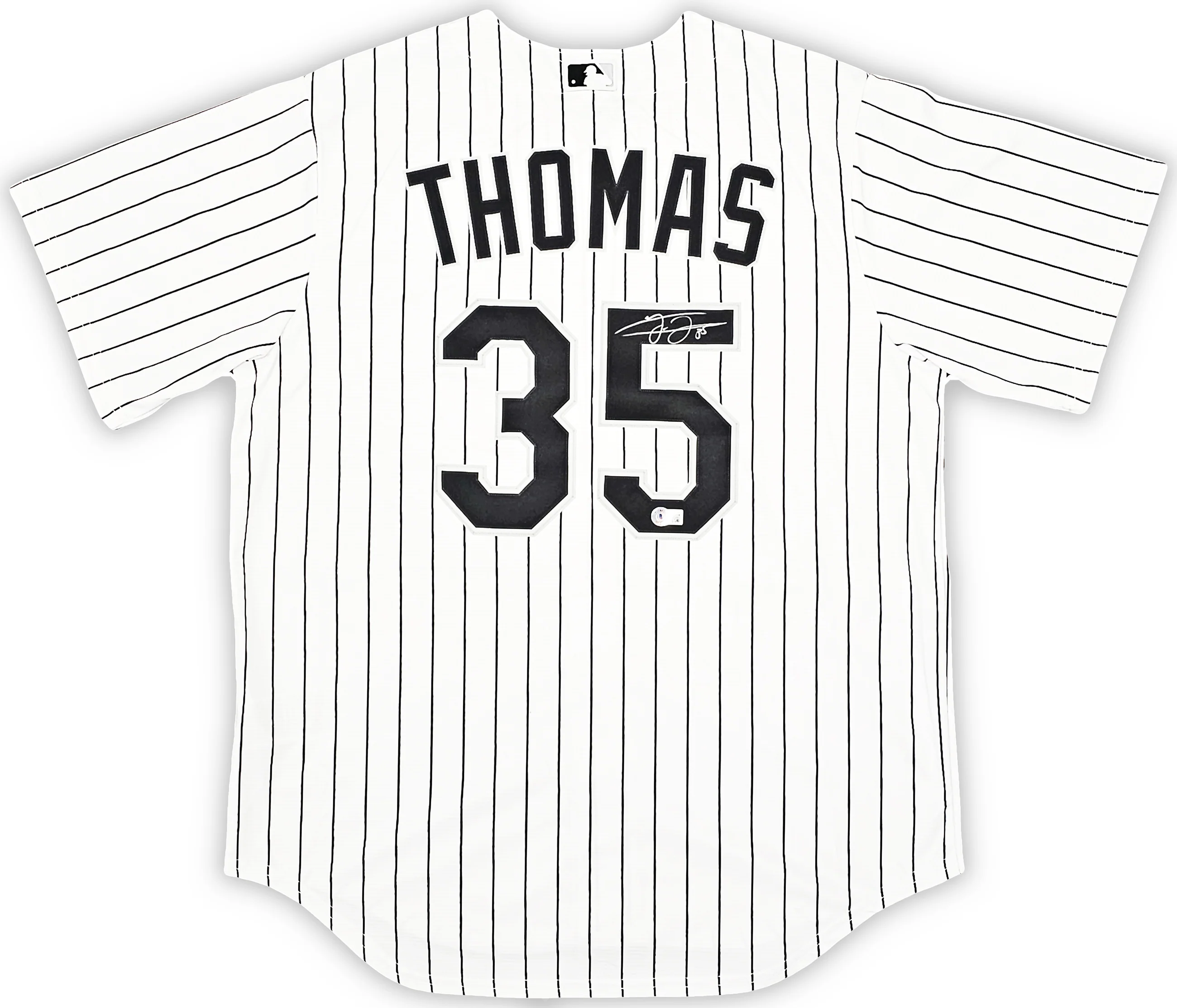 Chicago White Sox Frank Thomas Autographed White Pinstripes Nike Jersey Size L Beckett BAS Witness Stock #215872 - Image 2
