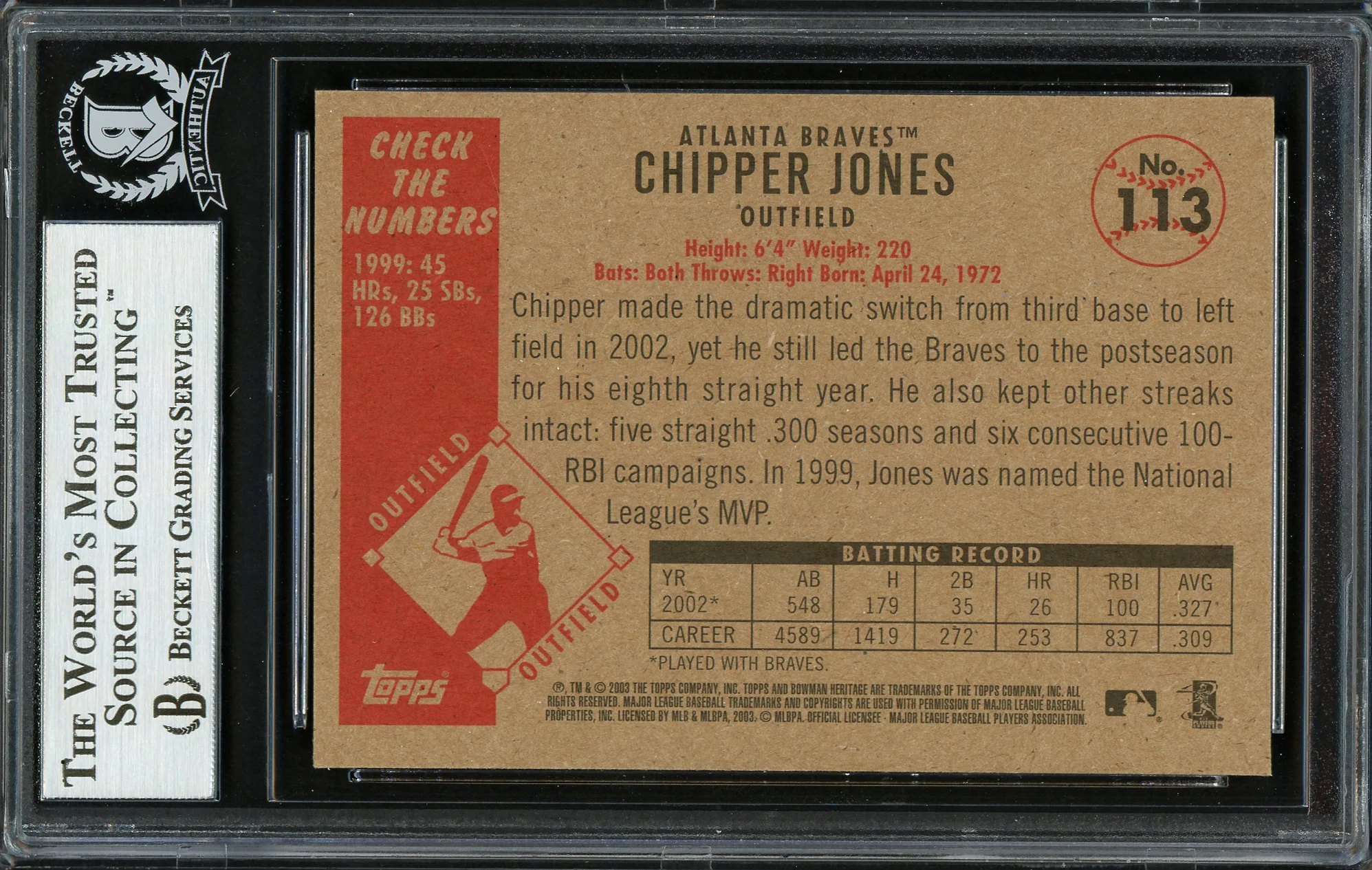 Chipper Jones Autographed 2003 Bowman Heritage Card #113 Atlanta Braves Beckett BAS #12750515 - Image 2