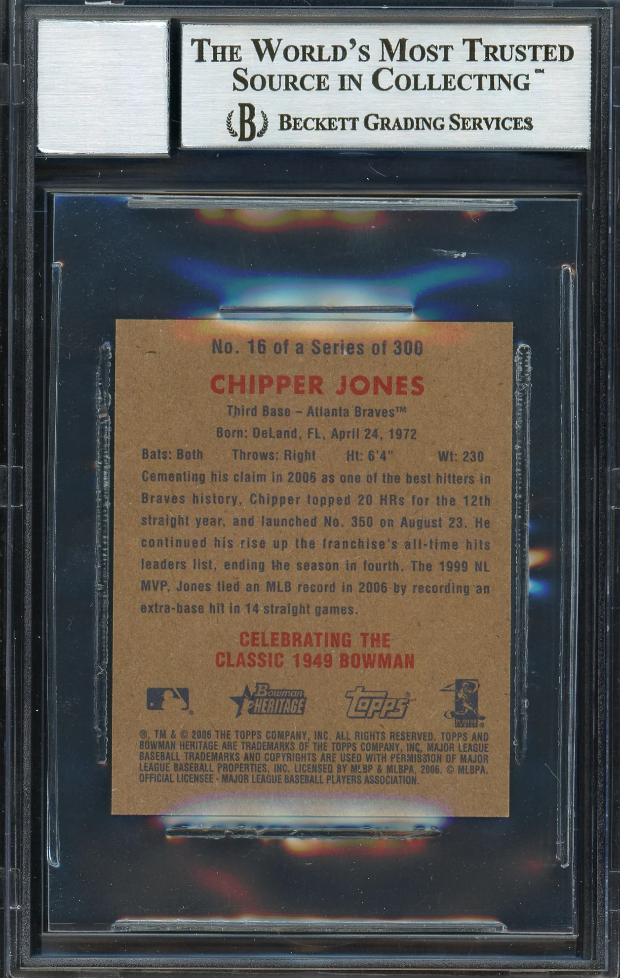 Chipper Jones Autographed 2006 Bowman Heritage Mini Card #16 Atlanta Braves Auto Grade Gem Mint 10 Beckett BAS #12745380 - Image 2