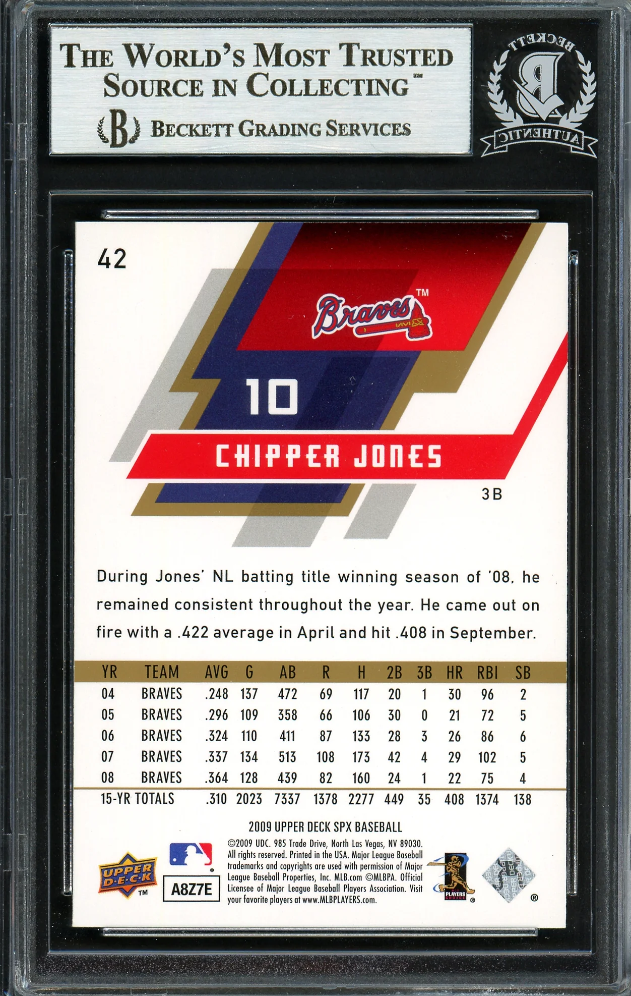 Chipper Jones Autographed 2009 Upper Deck SPX Card #42 Atlanta Braves Beckett BAS #12750573 - Image 2