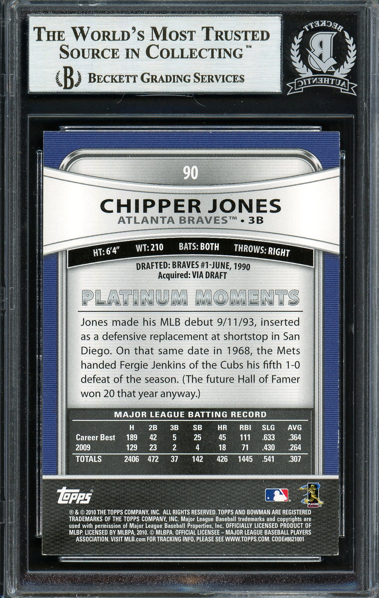 Chipper Jones Autographed 2010 Bowman Platinum Card #90 Atlanta Braves Beckett BAS #12750793 - Image 2