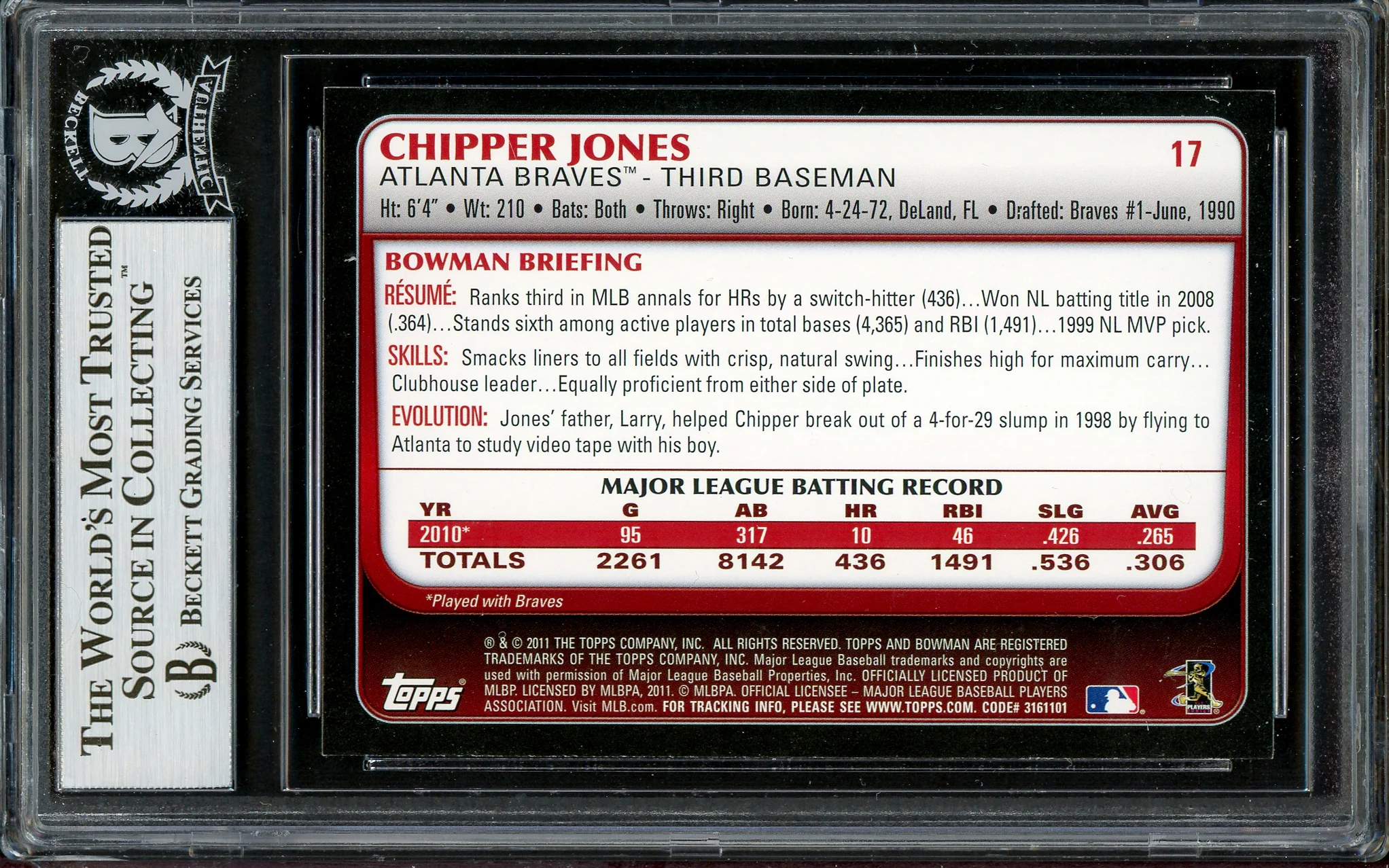 Chipper Jones Autographed 2011 Bowman Card #17 Atlanta Braves Beckett BAS #13020963 - Image 4