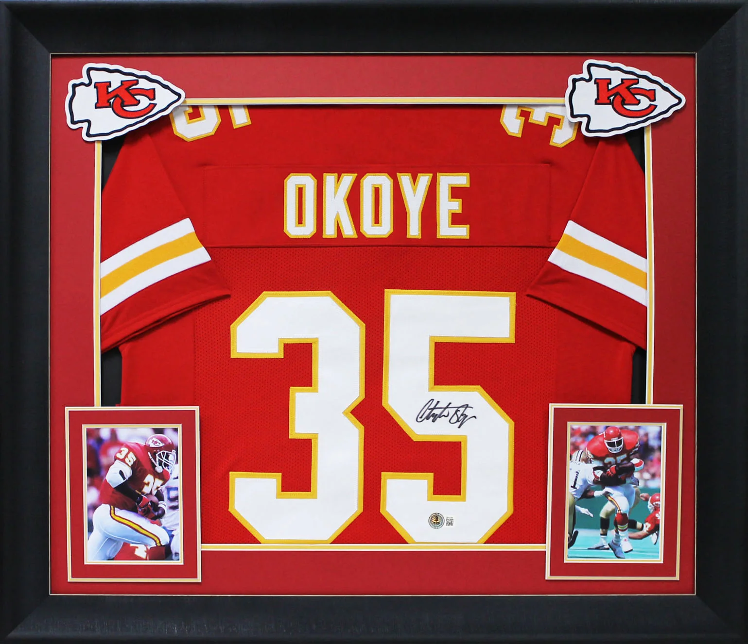 Christian Okoye Authentic Signed Red Pro Style Framed Jersey BAS Witnessed - Image 2