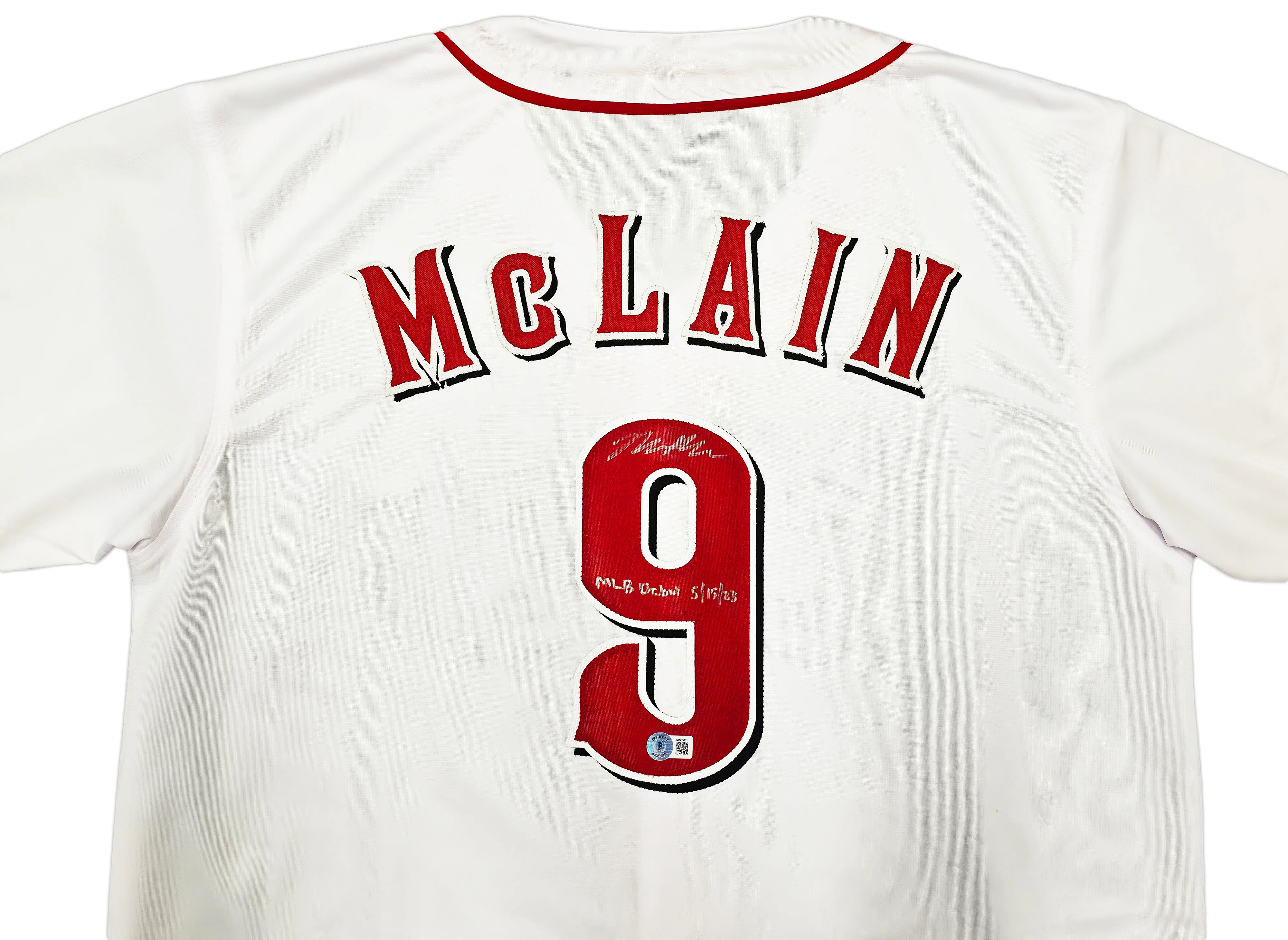 Cincinnati Reds Matt McLain Autographed White Jersey "MLB Debut 5/15/23" Beckett BAS Witness Stock #257832 - Image 2