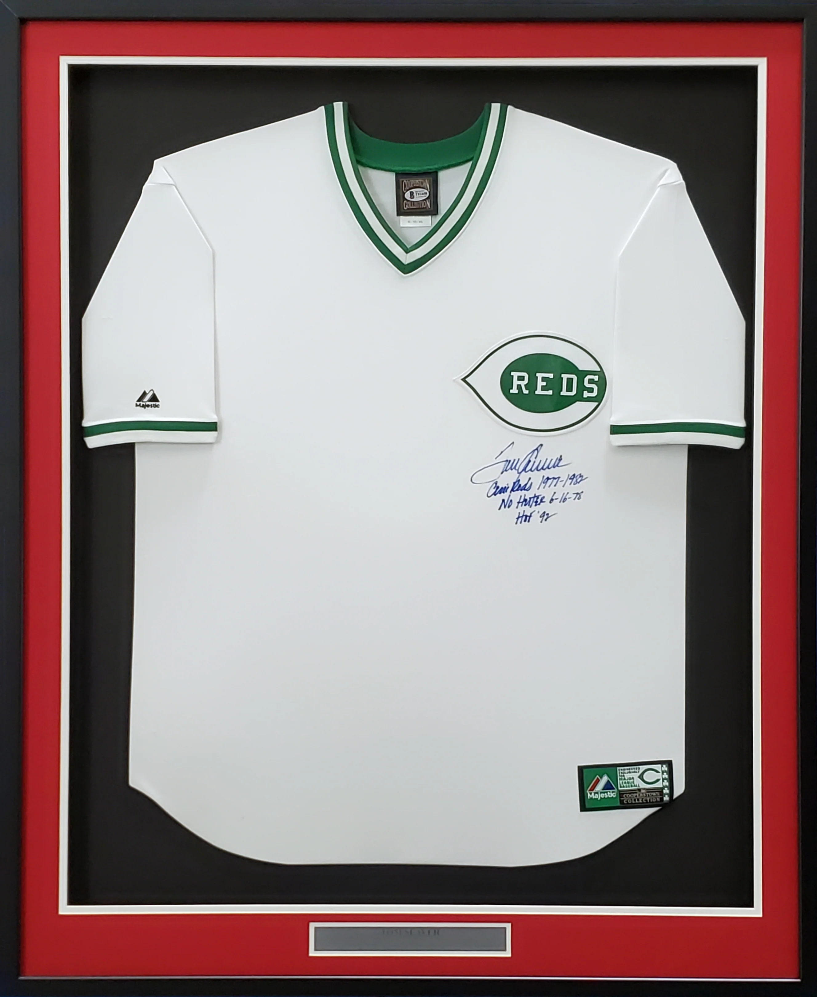 Cincinnati Reds Tom Seaver Autographed Framed St. Patrick's Day Majestic Cooperstown Jersey Size XL "1977-1982, No Hitter, HOF 92" Beckett BAS #T81658