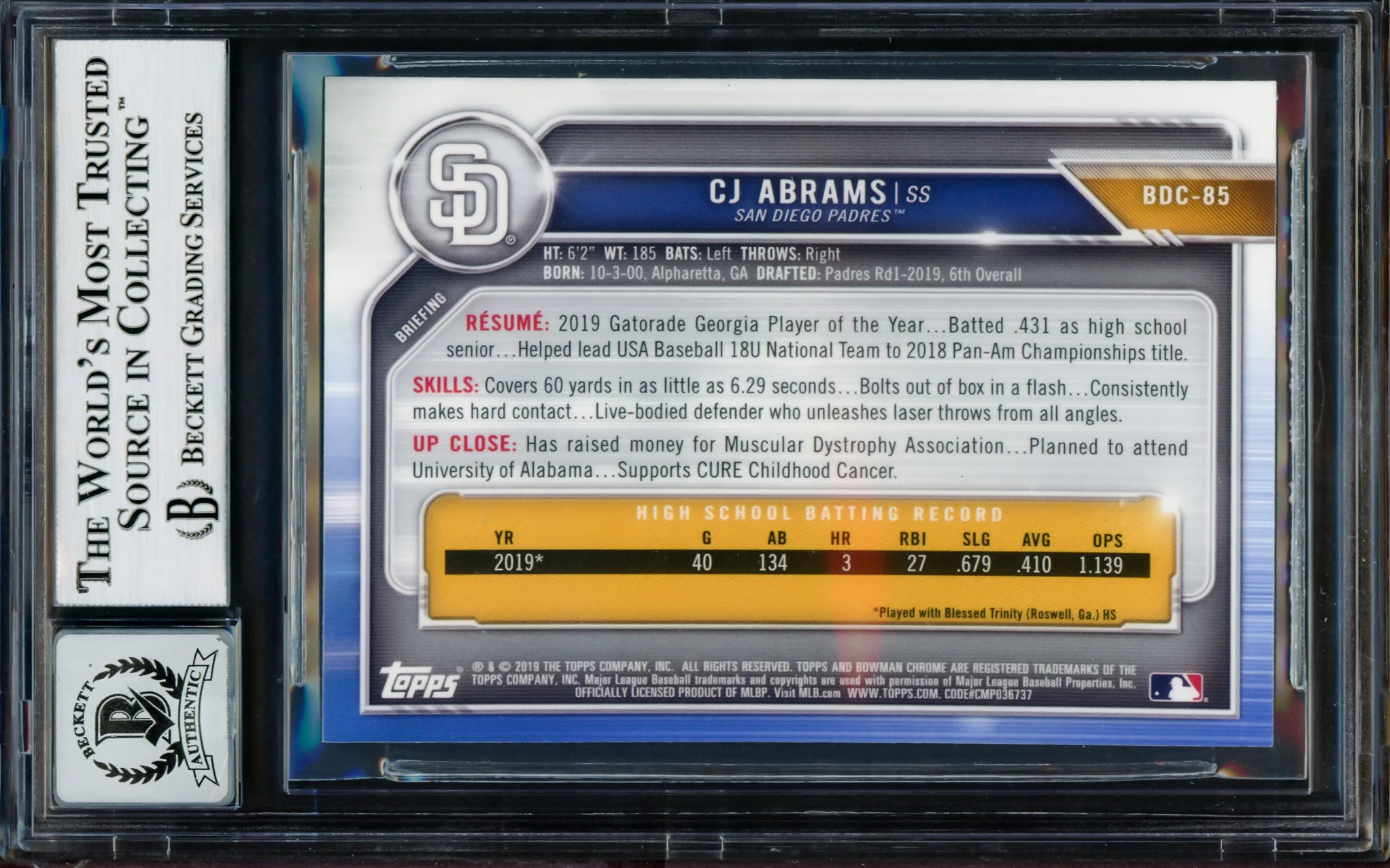 CJ Abrams Autographed 2019 Bowman Chrome Draft Rookie Card #BDC85 San Diego Padres Auto Grade Gem Mint 10 Beckett BAS Stock #202931 - Image 2