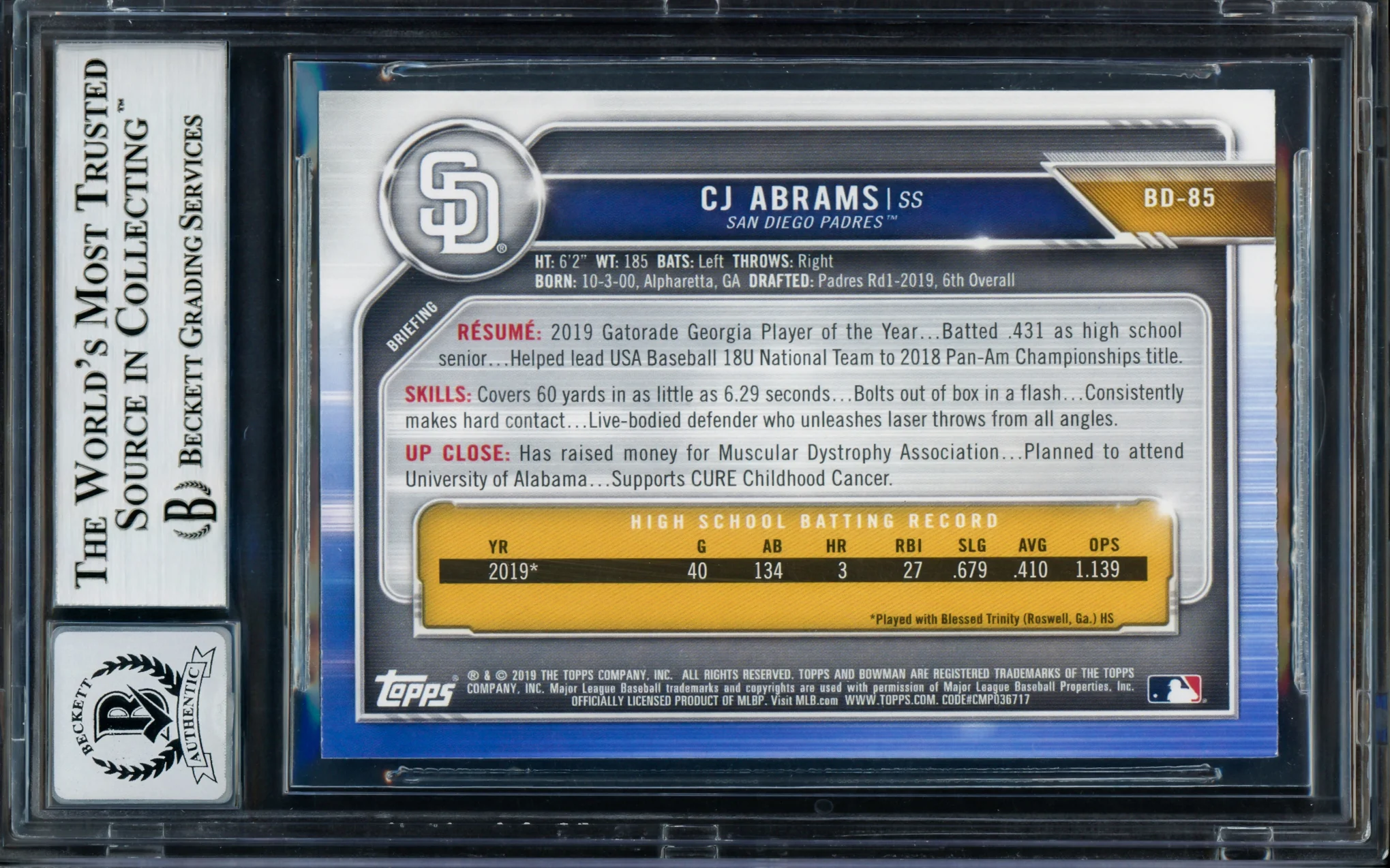 CJ Abrams Autographed 2019 Bowman Draft Rookie Card #BD85 San Diego Padres Auto Grade Gem Mint 10 Beckett BAS Stock #202932 - Image 2