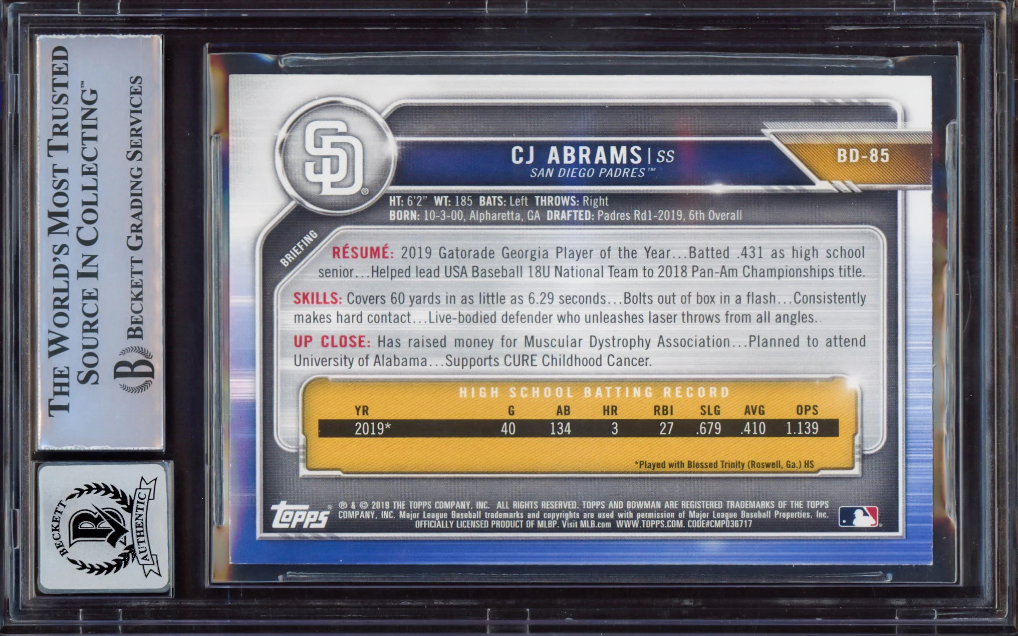 CJ Abrams Autographed 2019 Bowman Draft Rookie Card #BD85 San Diego Padres BGS 8.5 Auto Grade Mint 9 Beckett BAS #15468790 - Image 2