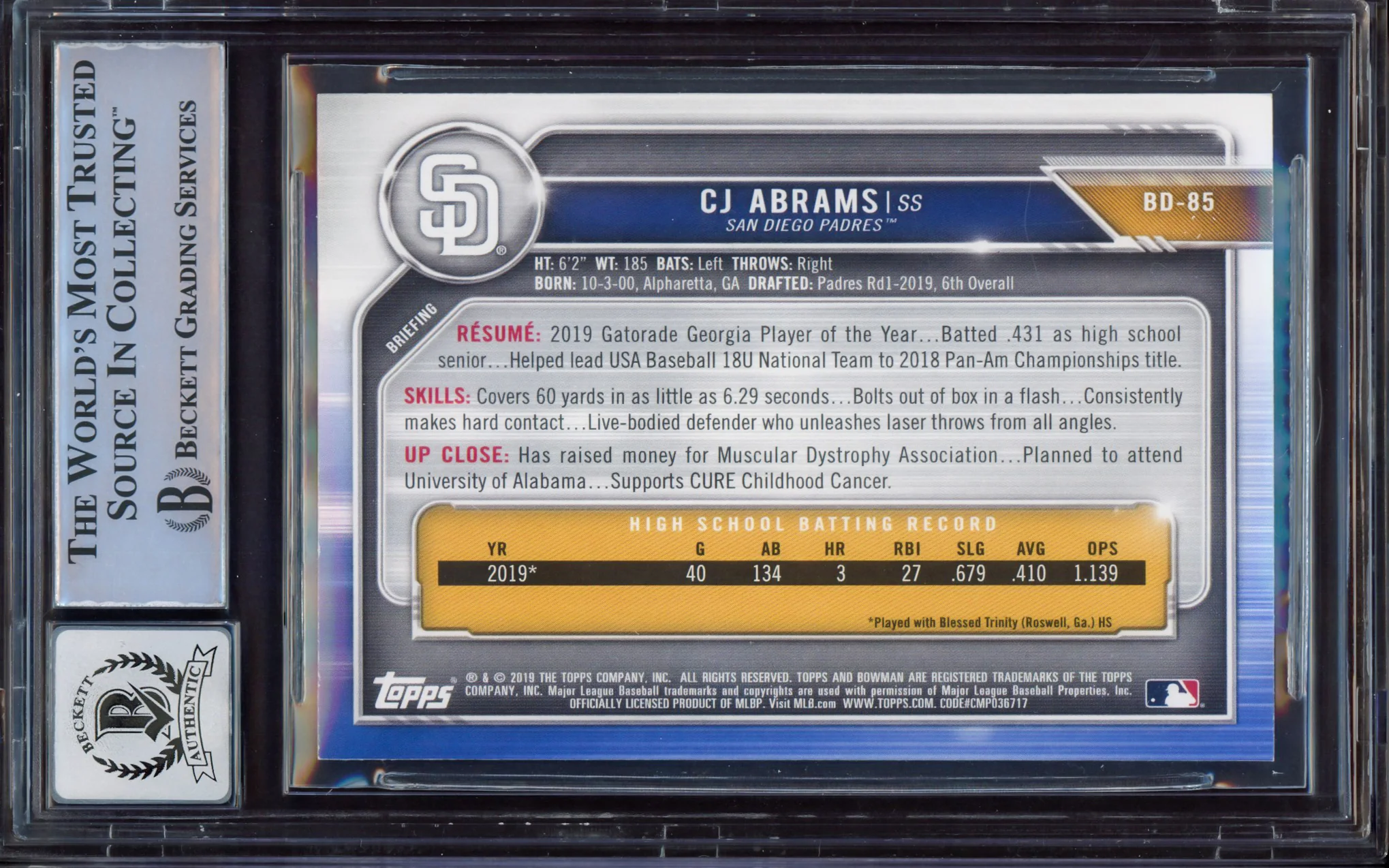CJ Abrams Autographed 2019 Bowman Draft Rookie Card #BD85 San Diego Padres BGS 9 Auto Grade Gem Mint 10 Beckett BAS #15466360 - Image 2