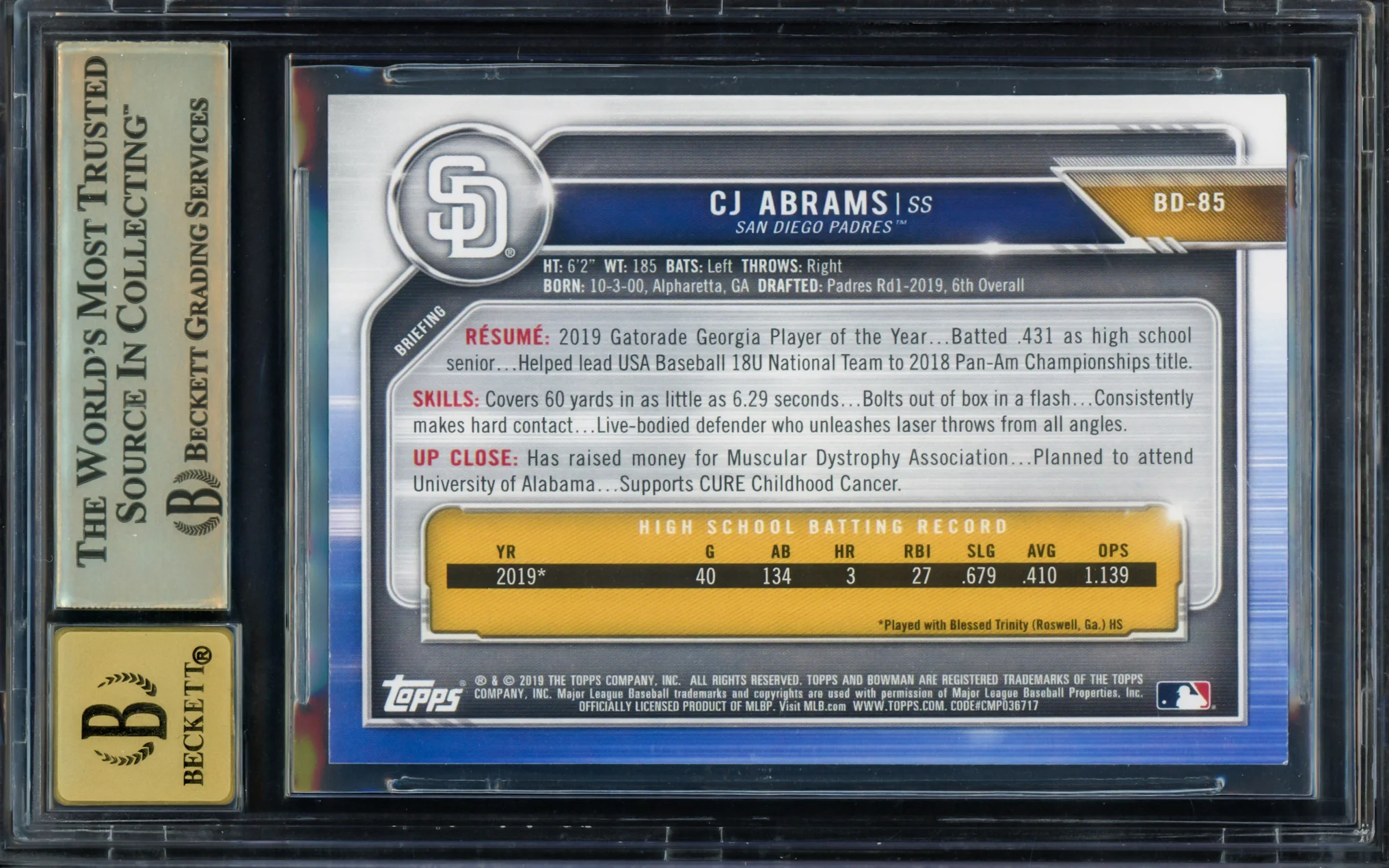 CJ Abrams Autographed 2019 Bowman Draft Rookie Card #BD85 Washington Nationals BGS 9.5 Auto Grade Gem Mint 10 Beckett BAS Stock #211838 - Image 2