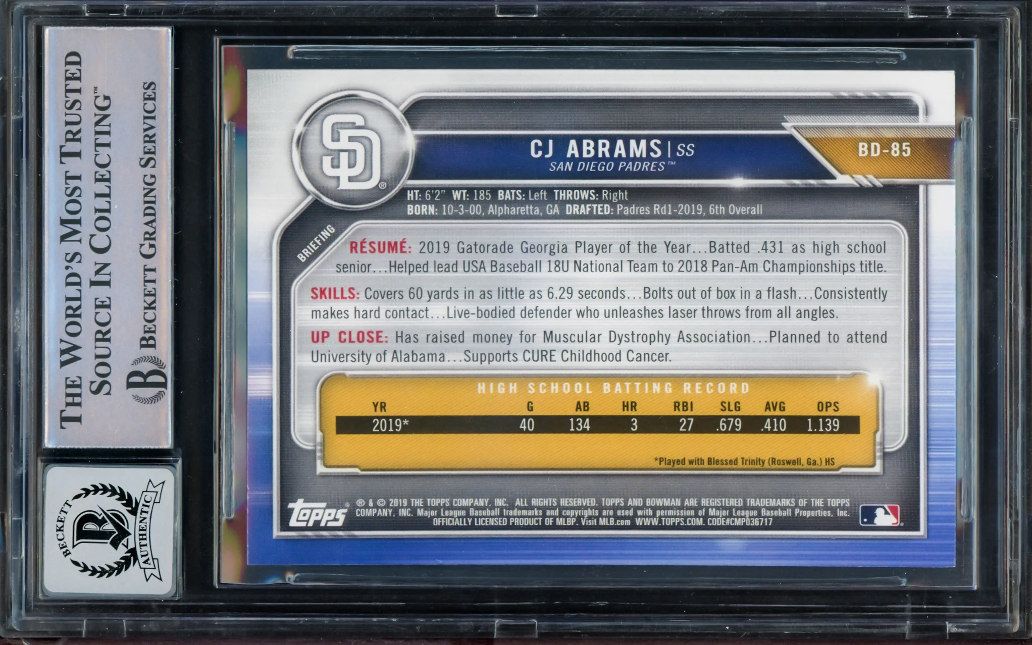 CJ Abrams Autographed 2019 Bowman Draft Rookie Card #BD85 Washington Nationals BGS 9 Auto Grade Gem Mint 10 Beckett BAS Stock #211839 - Image 2
