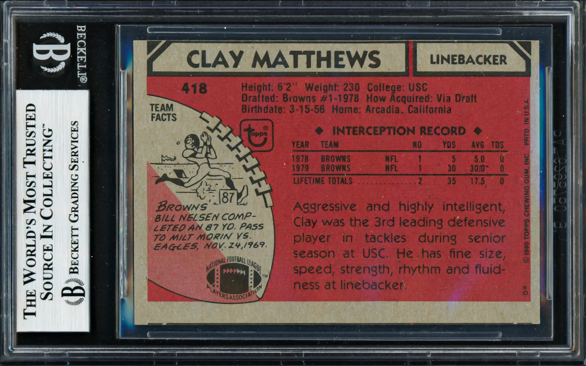 Clay Matthews Autographed 1980 Topps Rookie Card #418 Cleveland Browns Beckett BAS #19212787 - Image 2