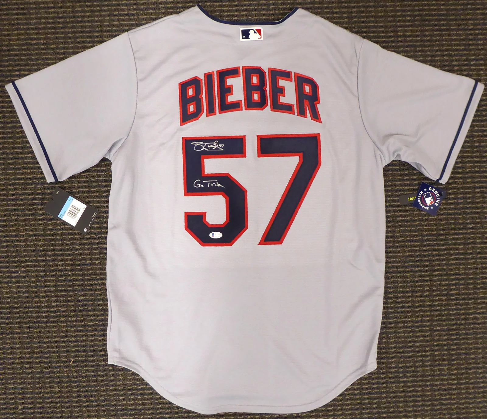 Cleveland Indians Shane Bieber Autographed Gray Nike Jersey Size M "Go Tribe" Beckett BAS Stock #187727 - Image 2