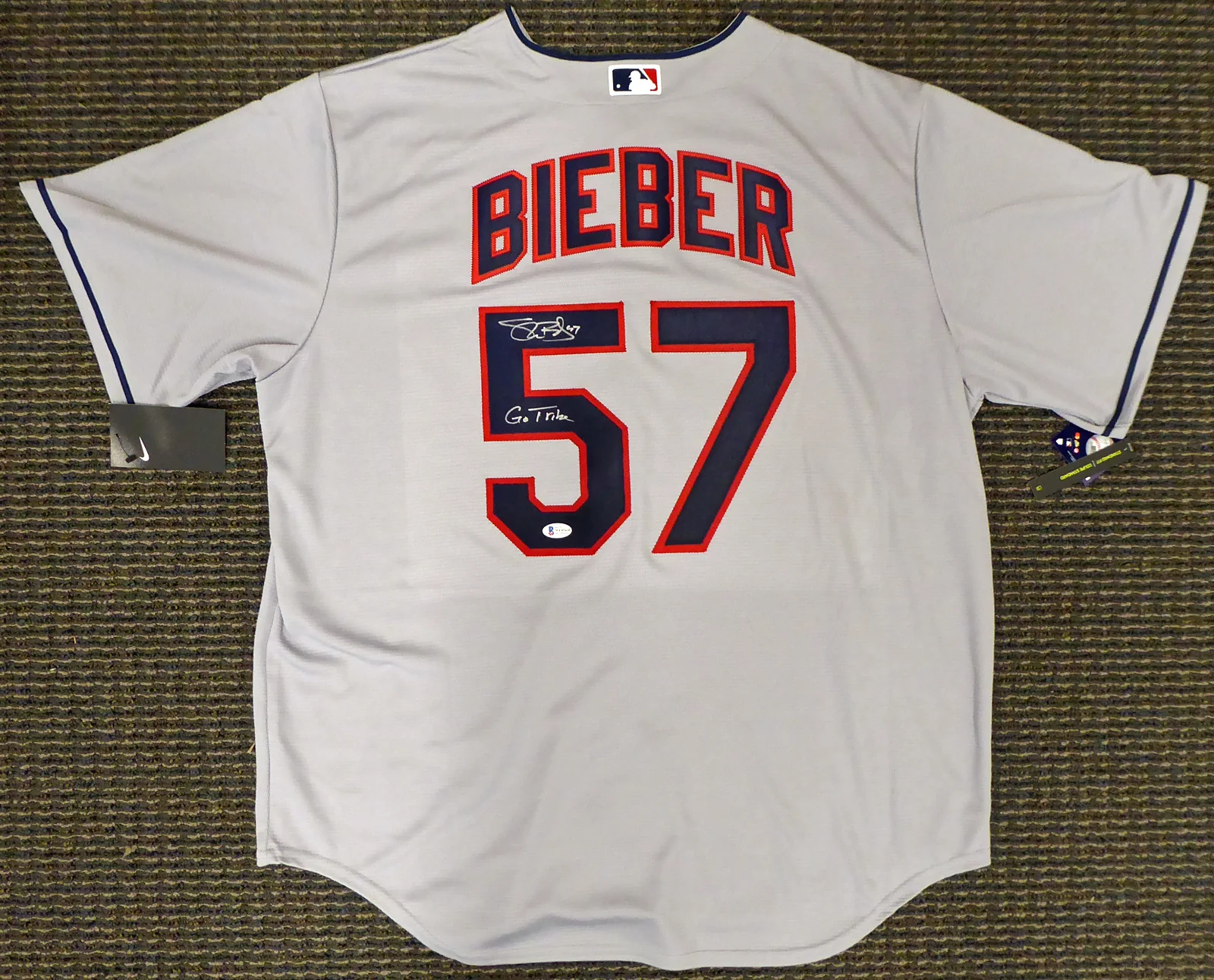 Cleveland Indians Shane Bieber Autographed Gray Nike Jersey Size XL "Go Tribe" Beckett BAS Stock #187725 - Image 2