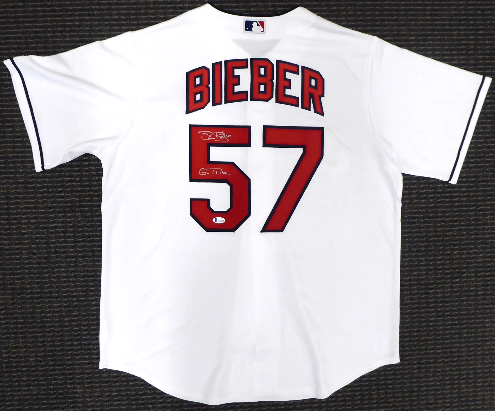Cleveland Indians Shane Bieber Autographed White Majestic Cool Base Jersey Size L "Go Tribe" Beckett BAS Stock #187723 - Image 2