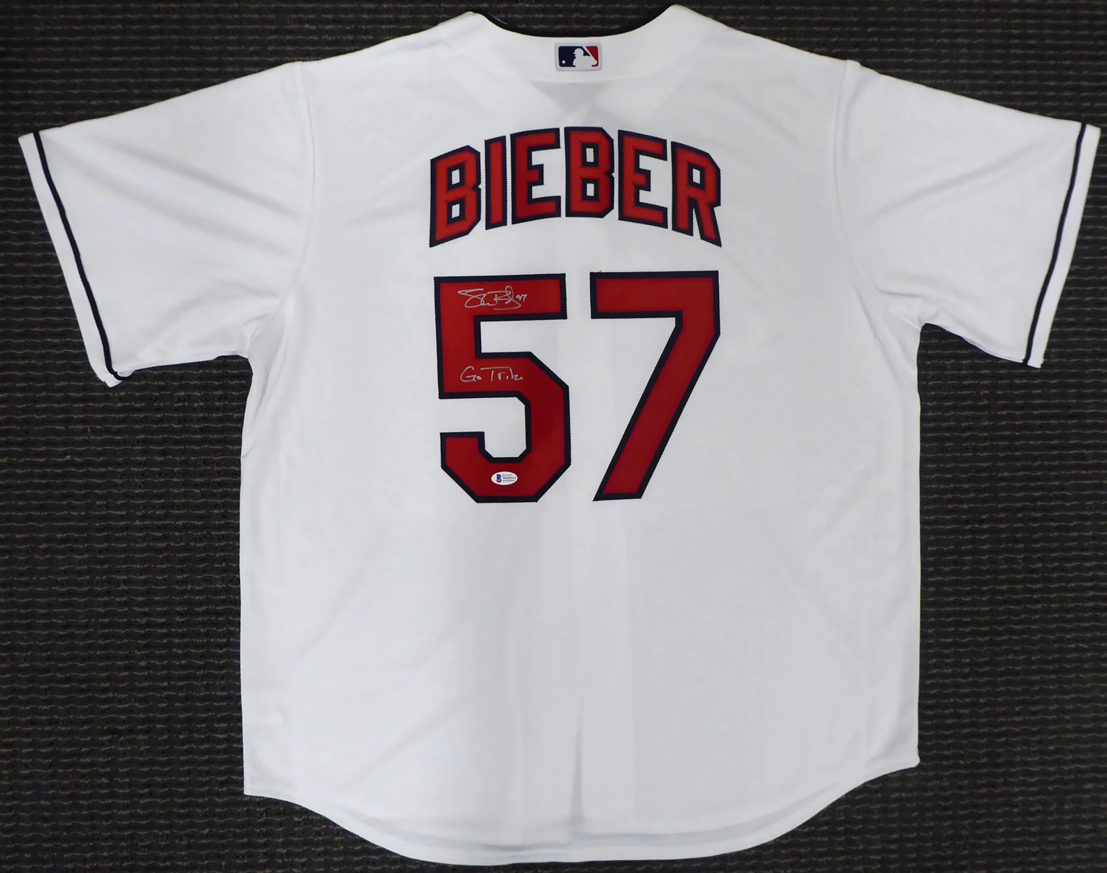 Cleveland Indians Shane Bieber Autographed White Majestic Cool Base Jersey Size XL "Go Tribe" Beckett BAS Stock #187724 - Image 2
