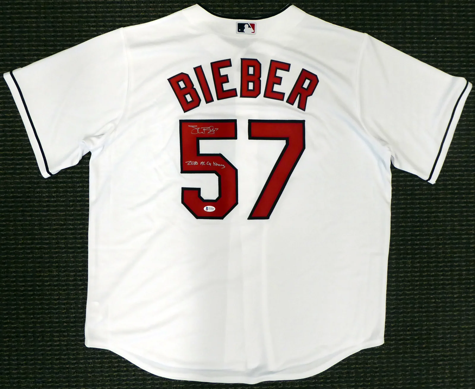 Cleveland Indians Shane Bieber Autographed White Majestic Jersey Size XL "2020 AL Cy Young" Beckett BAS Stock #190032 - Image 2