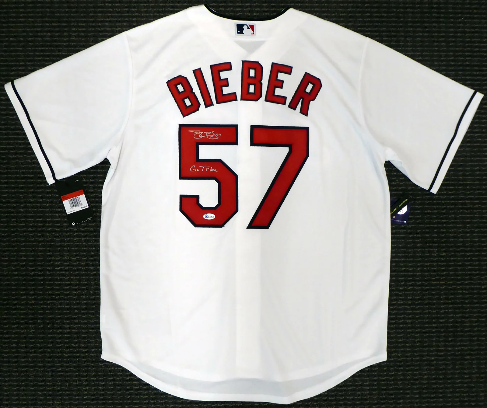 Cleveland Indians Shane Bieber Autographed White Nike Jersey Size L "Go Tribe" Beckett BAS Stock #190031 - Image 2