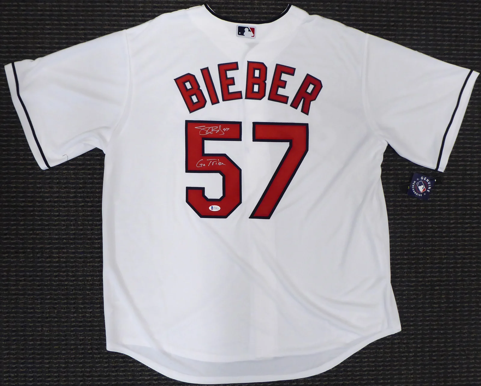 Cleveland Indians Shane Bieber Autographed White Nike Jersey Size XL "Go Tribe" Beckett BAS Stock #190030 - Image 2