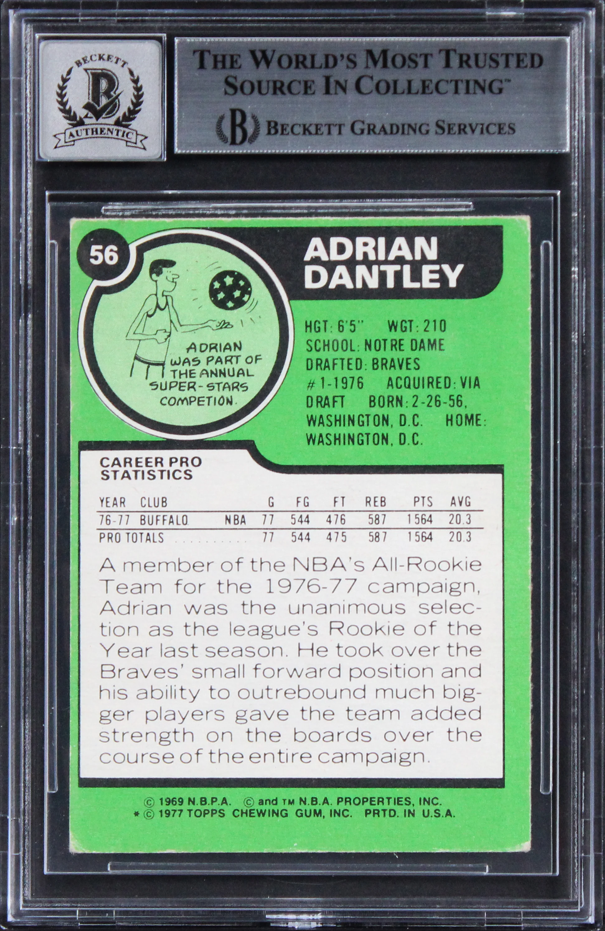 Clippers Adrian Dantley "2x Insc" Signed 1977 Topps #56 Card Auto 10 BAS Slabbed - Image 3