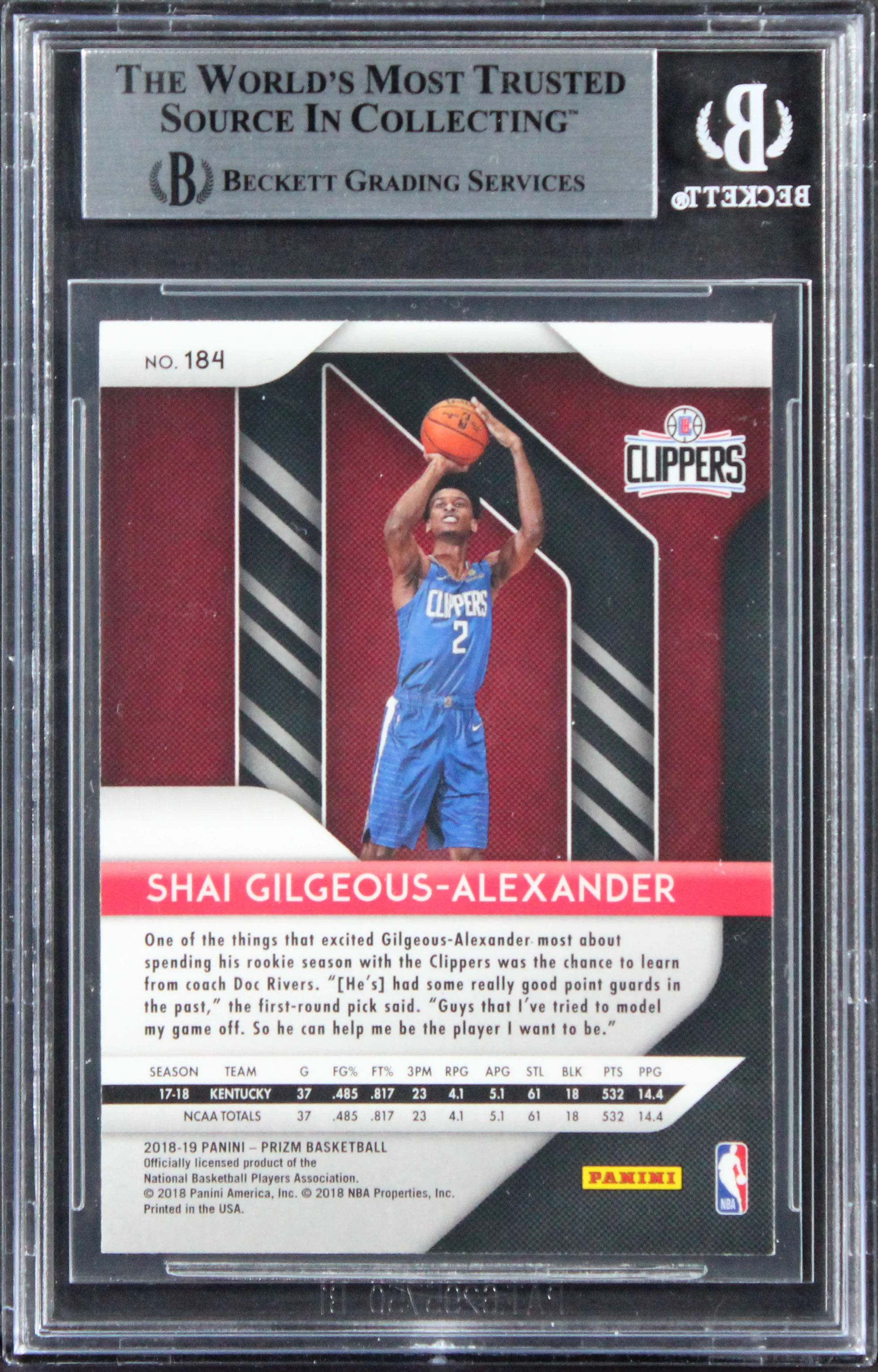 Clippers Shai Gilgeous-Alexander Signed 2018 Panini Prizm #184 RC Card BAS Slab - Image 3