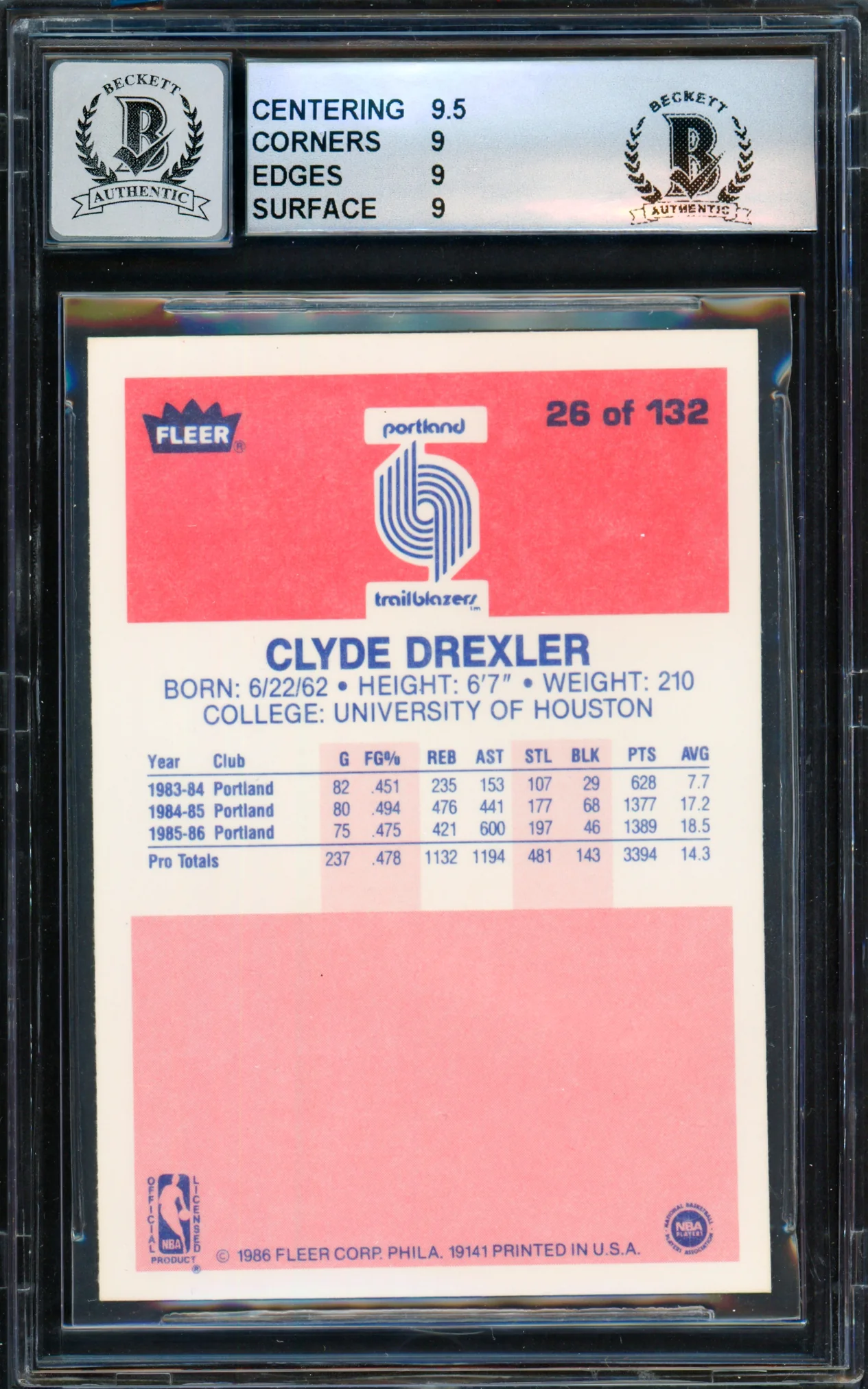 Clyde Drexler Autographed 1986 Fleer "The Glide" Rookie Card #26 Portland Trail Blazers BGS 9 Auto Grade Gem Mint 10 Beckett BAS #14323828 - Image 2