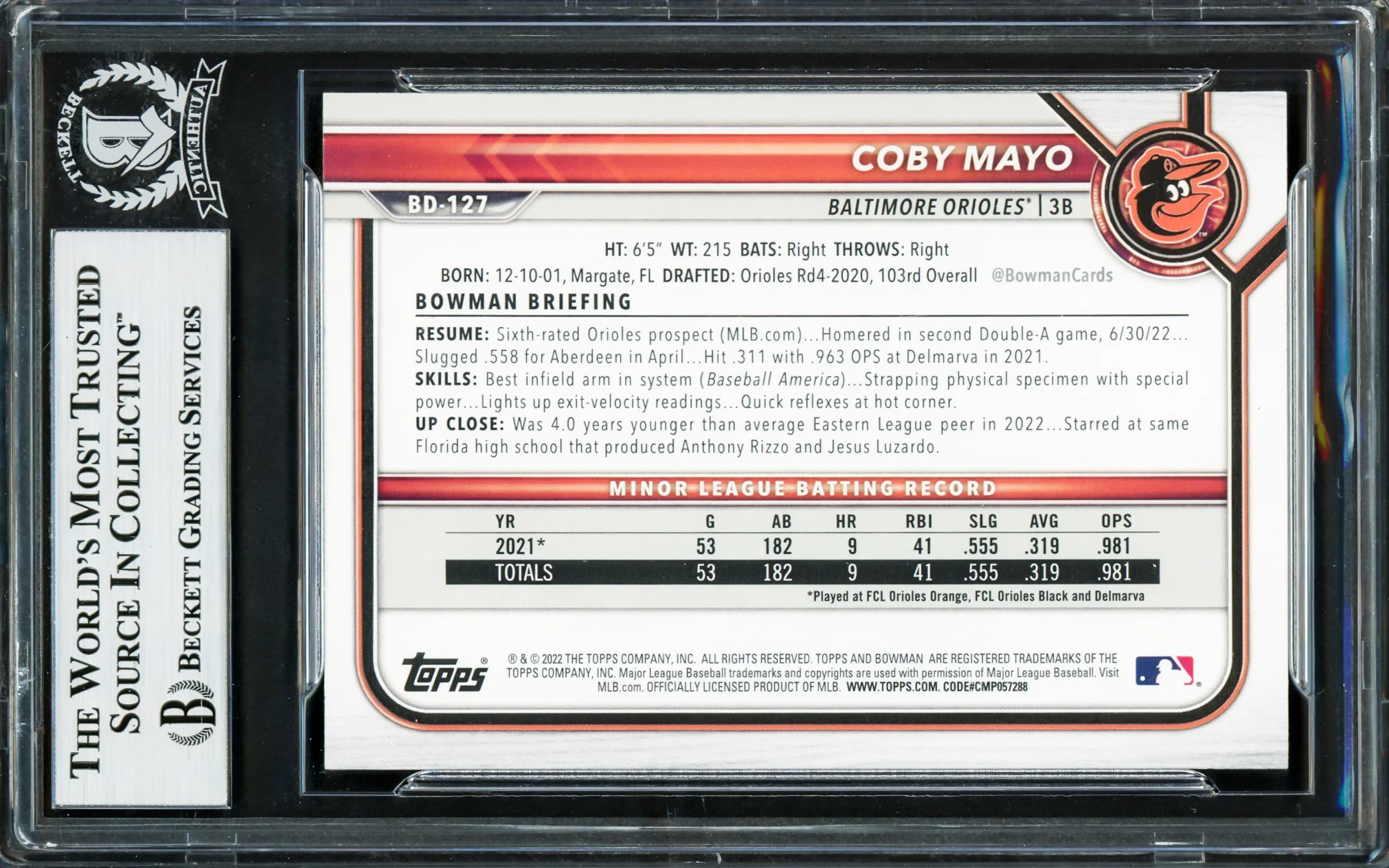 Coby Mayo Autographed 2022 Bowman Draft Rookie Card #BD127 Baltimore Orioles Beckett BAS Stock #234019 - Image 2