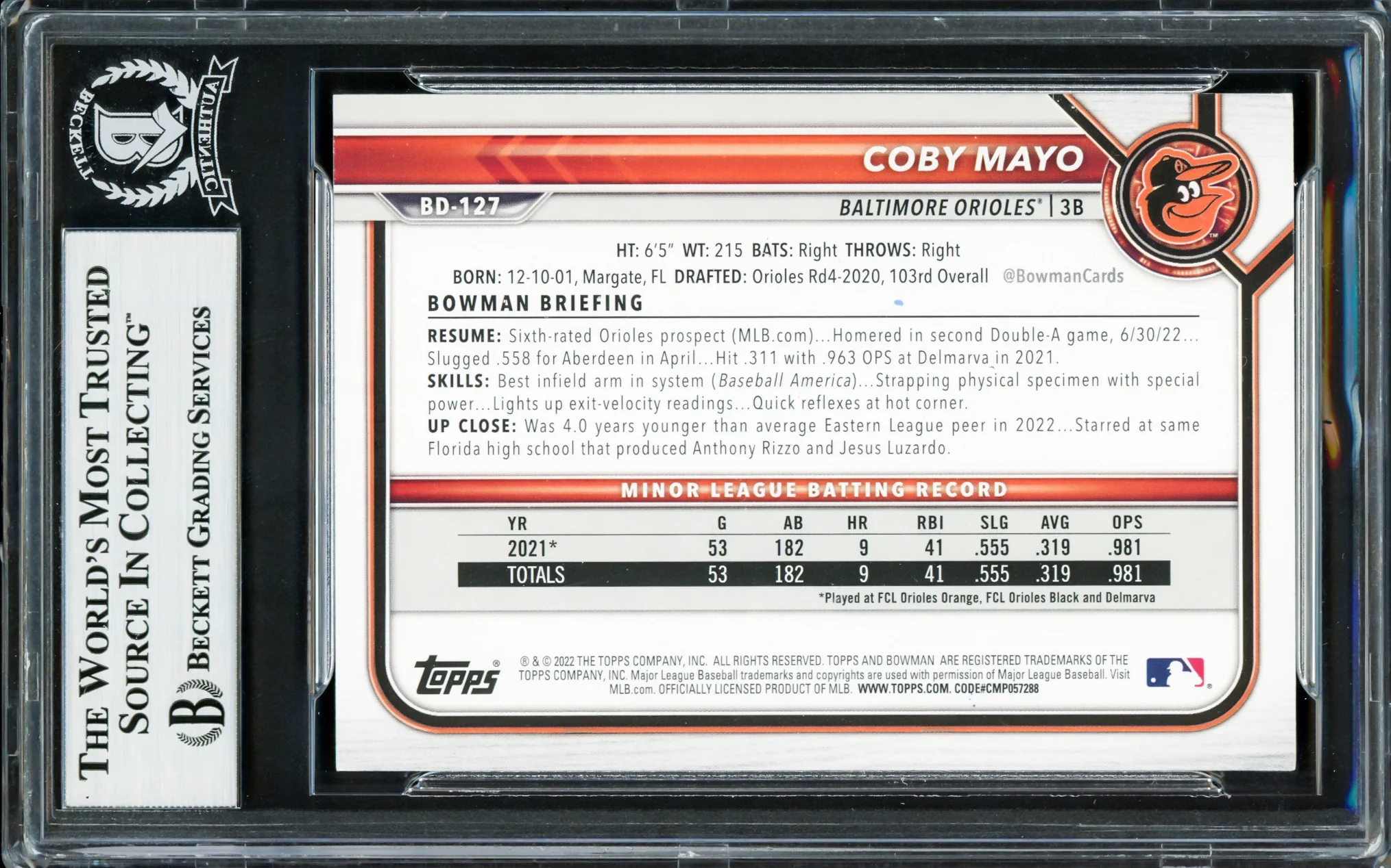 Coby Mayo Autographed 2022 Bowman Draft Rookie Card #BD127 Baltimore Orioles Beckett BAS Stock #234020 - Image 2