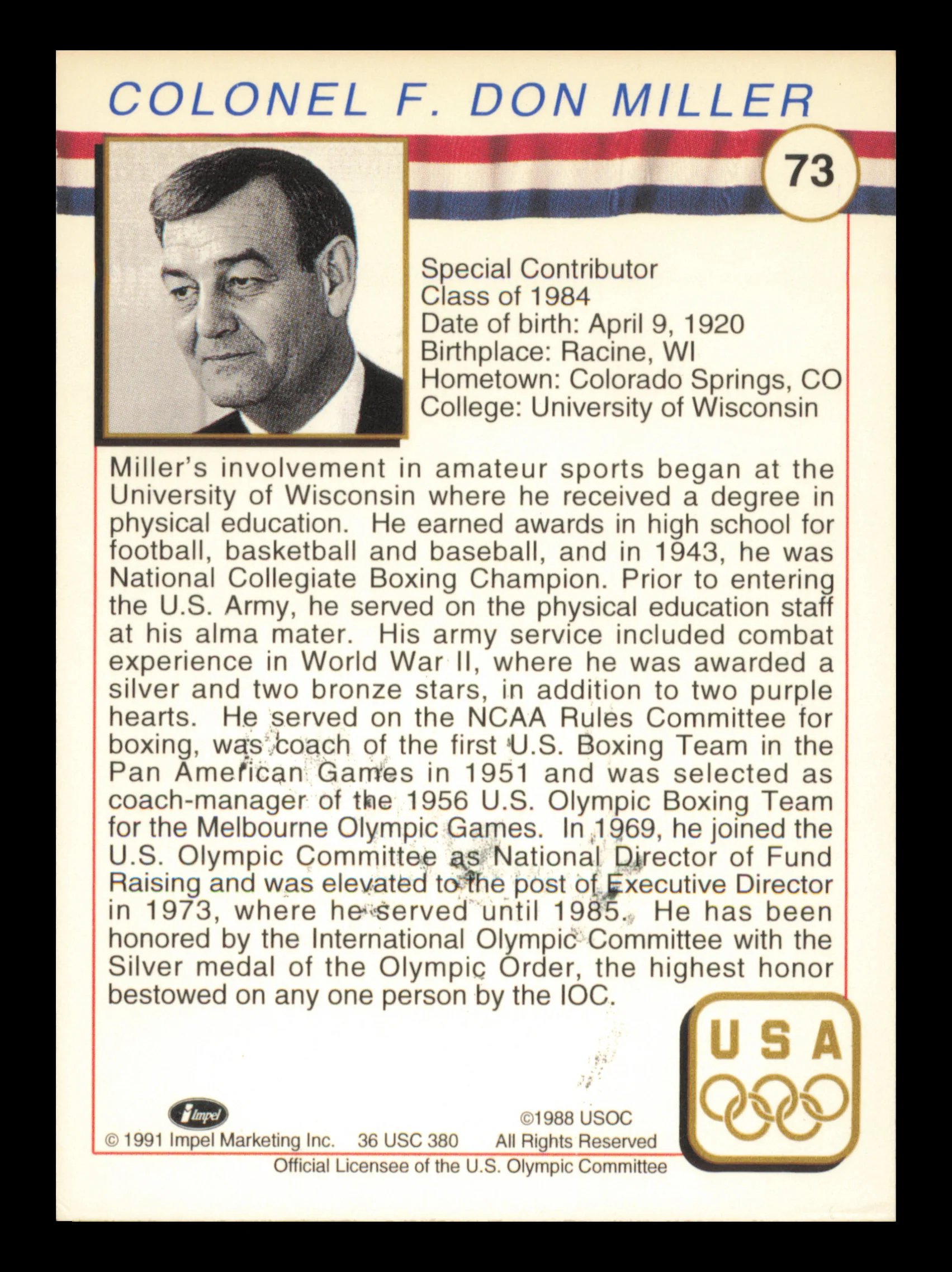 Col. F. Don Miller Autographed 1991 Impel U.S. Olympics Card #73 SKU #240709 - Image 2