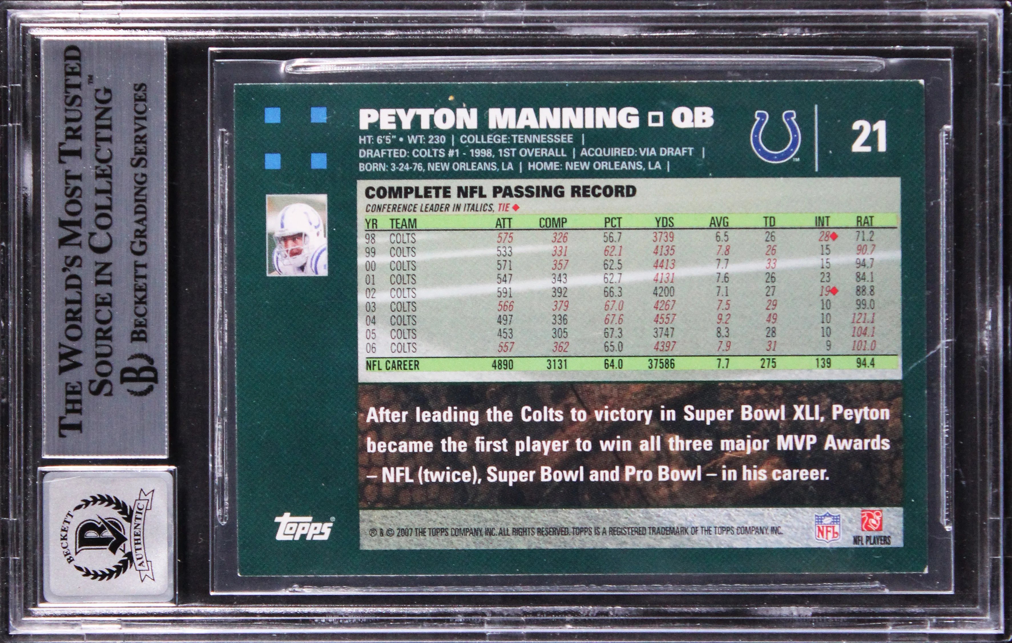 Colts Peyton Manning Signed 2007 Topps #21 Card Auto Grade GM 10! BAS Slabbed - Image 3