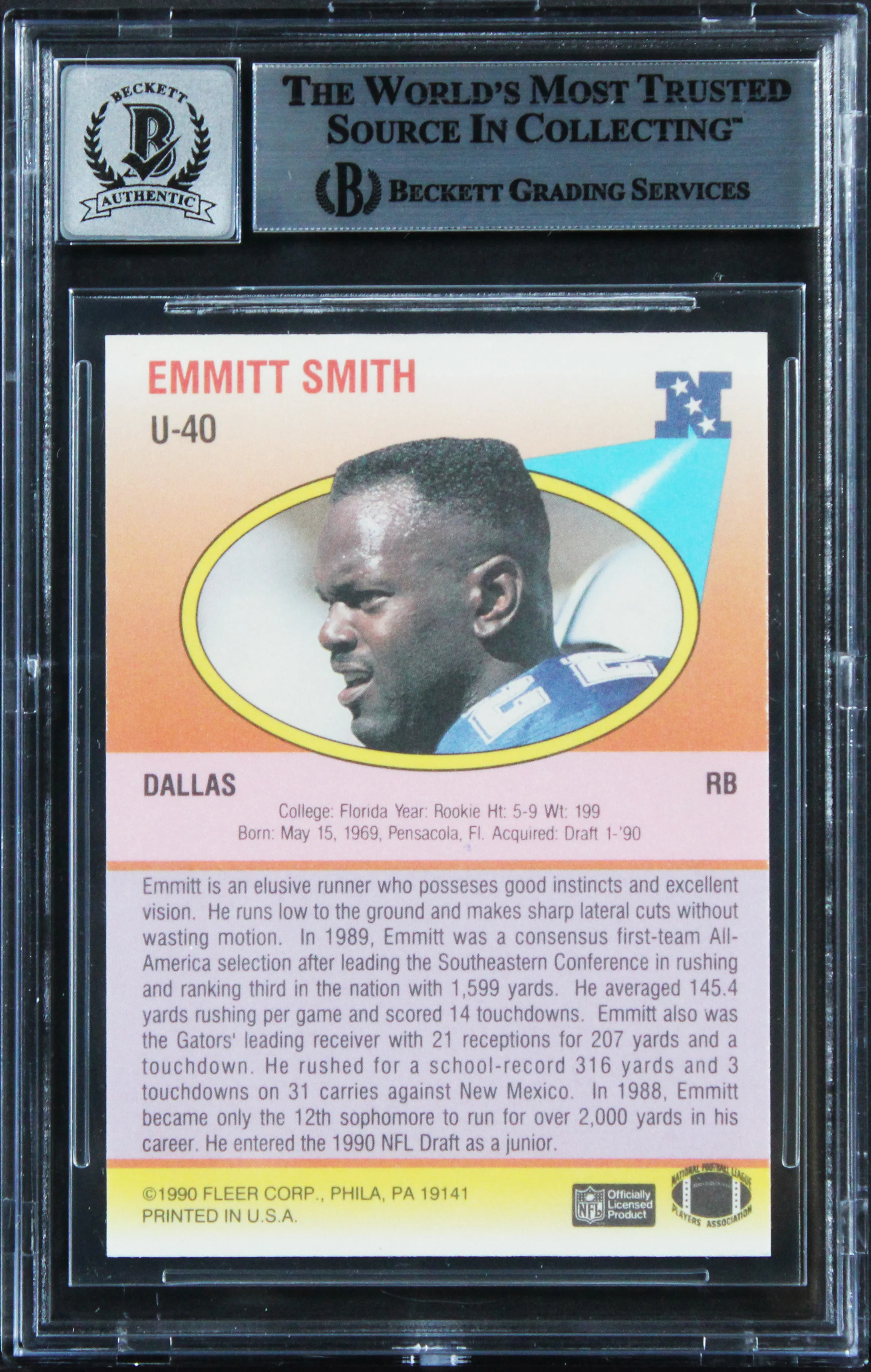 Cowboys Emmitt Smith Signed 1990 Fleer Update #U40 RC Card Auto 10! BAS Slabbed - Image 3